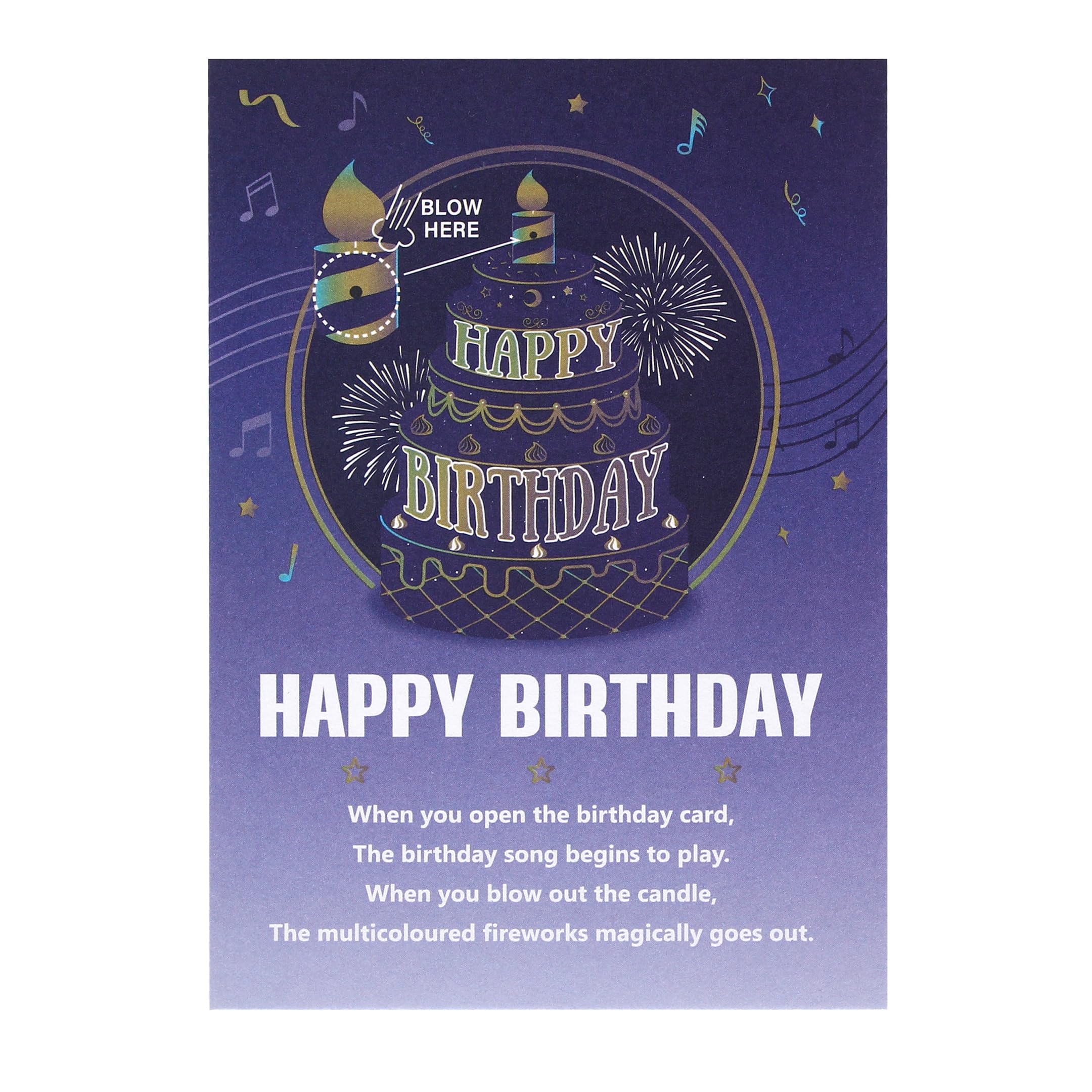 XTF2015 Happy Birthday Karte, Lichter & Musik & Sound Feuerwerk Kuchen 3D Pop Up Geburtstagskarte Geschenk mit Umschlag und Notizanhänger für Frauen, Männer, Kinder, Ehefrau, Mutter, Ehemann