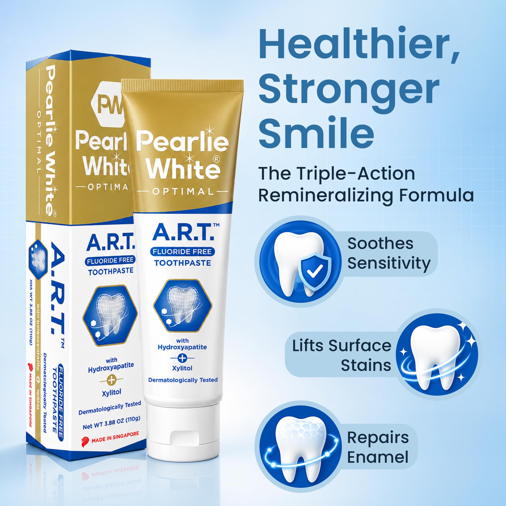 Pearlie White Pasta dental remineralizadora activa, sin flúor (3.8 onzas, 110 g), pasta dental remineralizante sin flúor para reparación de esmalte dental, contiene hidroxiapatita y xilitol, paquete