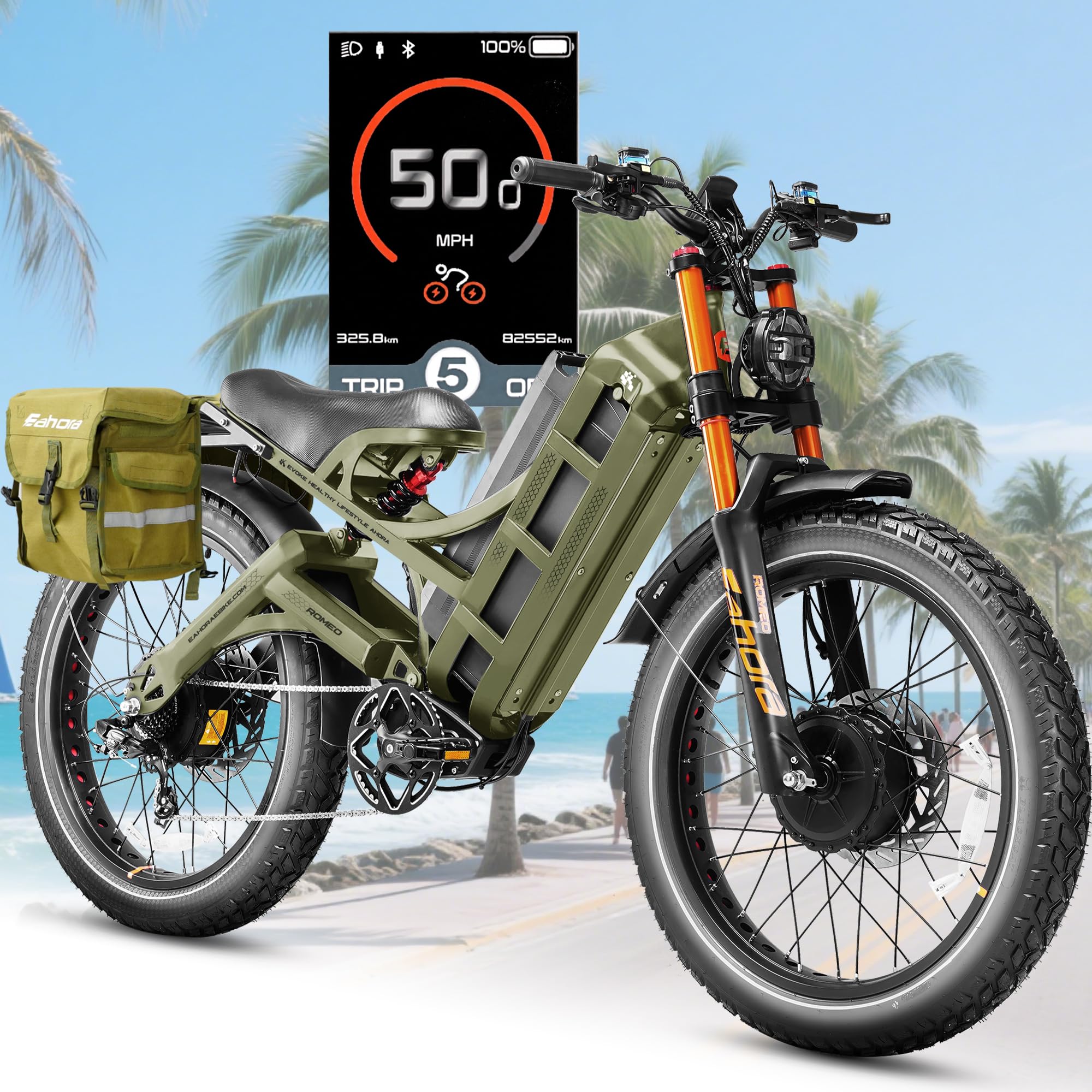 eAhora Romeo Pro 3/2 [2026] 46-50 Mph Electric Bike for Adults, Peak 5600W Dual Motor Ebike, 60V/52V 80Ah/70Ah 250 Miles Long Range E Bike, 26”*4.0 Fat Tire Air Full Suspension Off-Road E-Bike