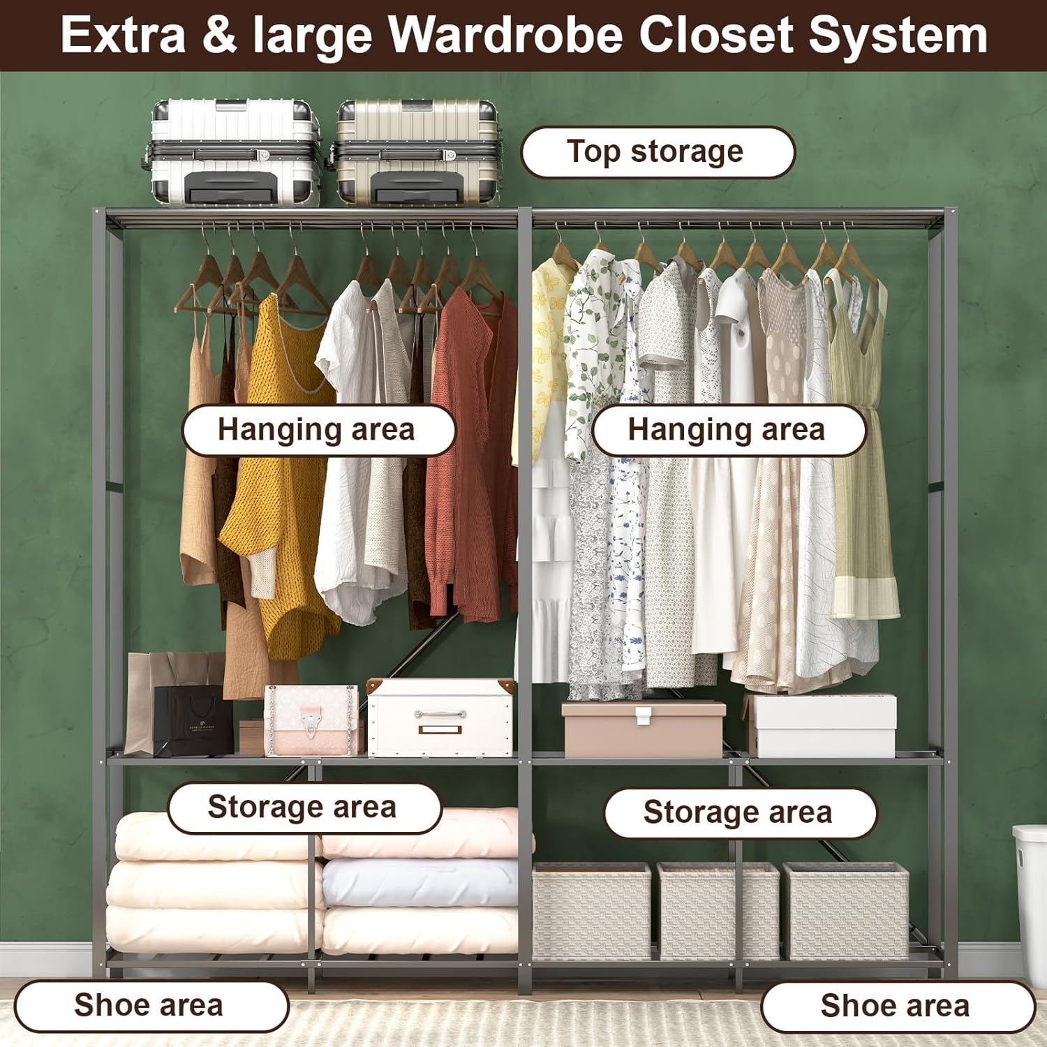 Heavy Duty Portable Closet with Cover 1200Ibs Foldable Covered Clothes Rack for Hanging Armoire Wardrobe Closet System Freestanding Coat Storage Garment Racks (190cm/74.8in Gray)