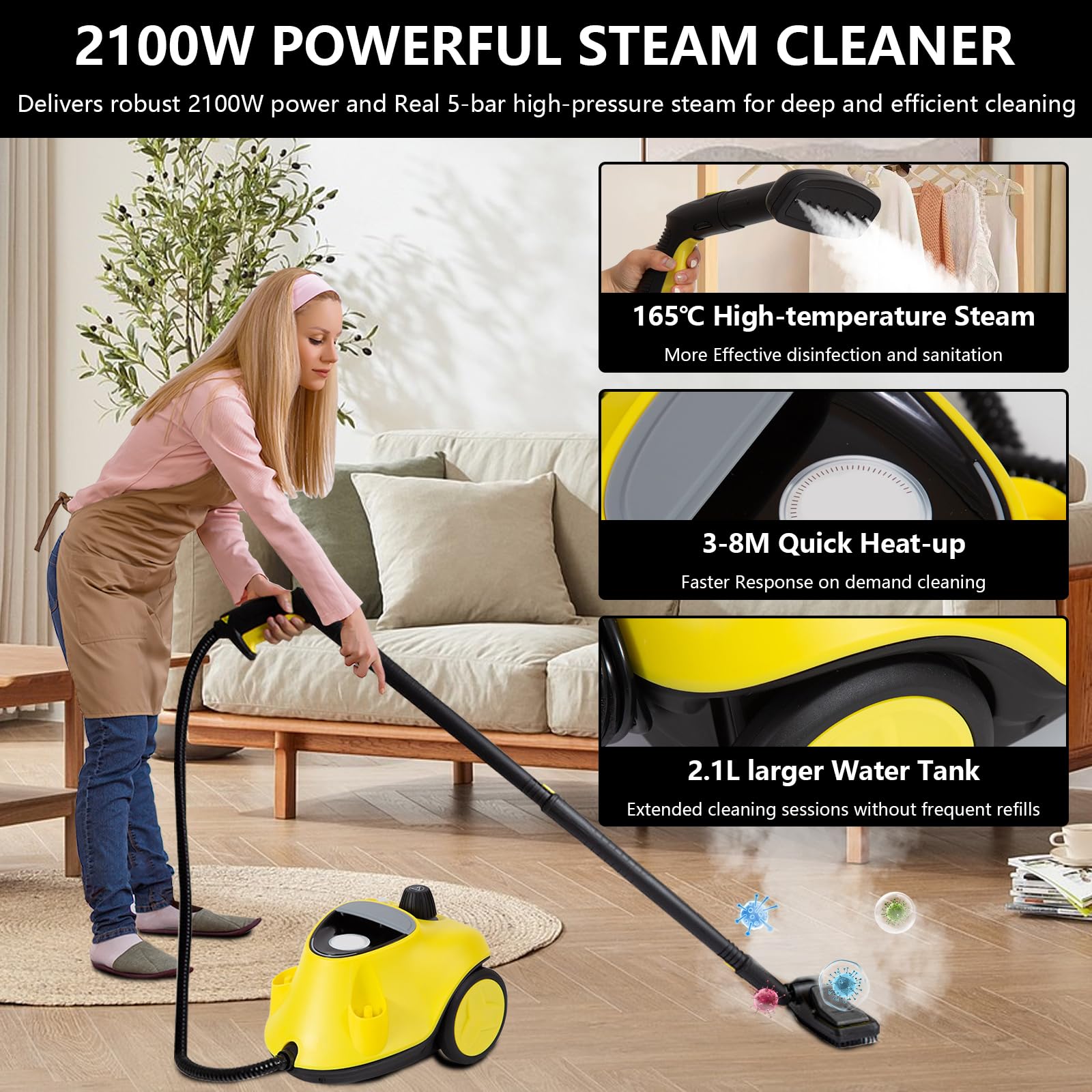Limpiador a Vapor 2100 W Mejorado con 29 Accesorio, Multifunción con Depósito 2,1 L, Presión 5 bar, Kit de Suelos y Boquillas, Alarma de Agua Baja, para Alfombras, Azulejos, Ventanas, Suelos (Negro)