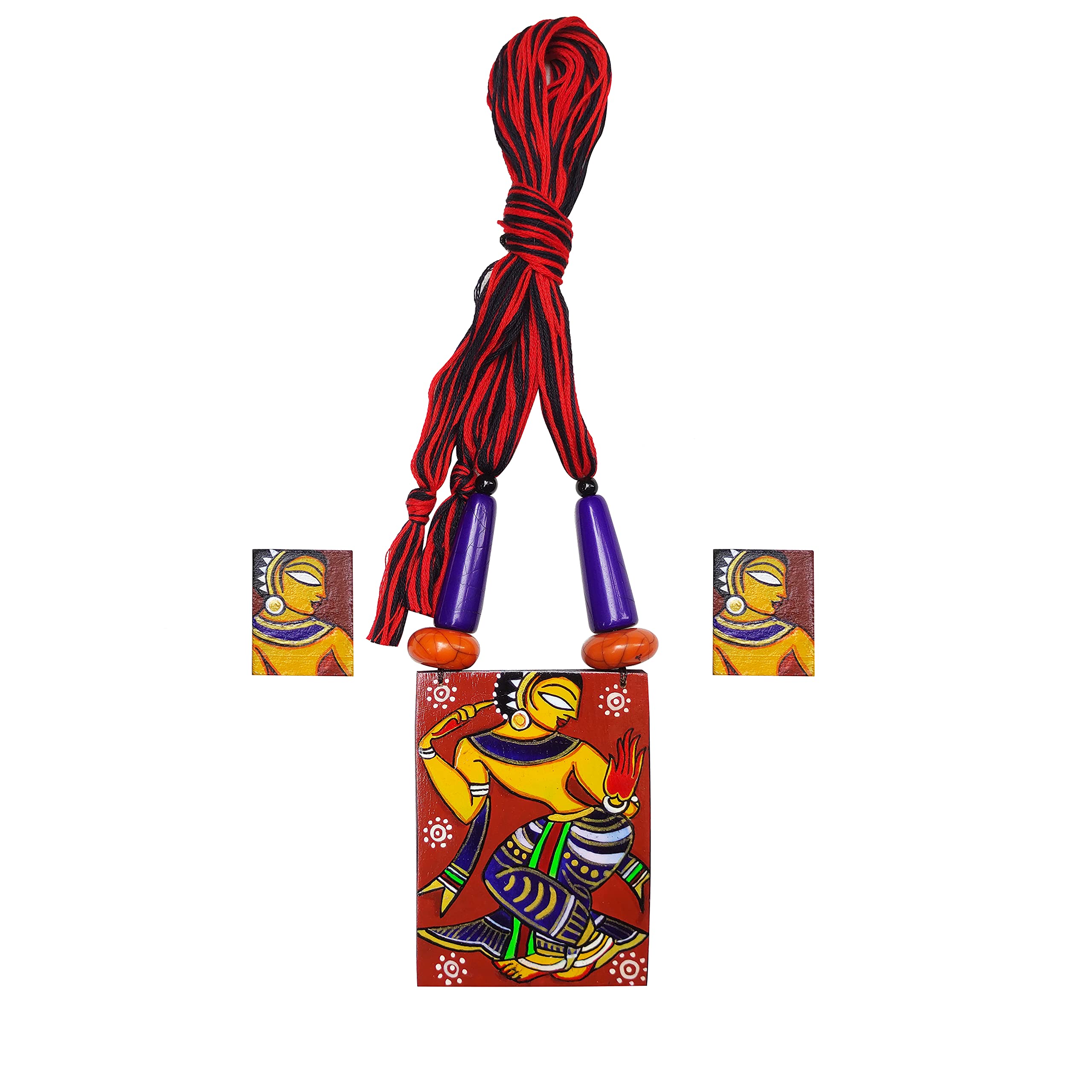 Karukala Wooden Fabric Oil painting Handcrafted Jamini Roy Lady on Dance Mode Painting Necklace and Ear Ring Set Jewellery For Women and Girls (Color Multi,Size:Free)