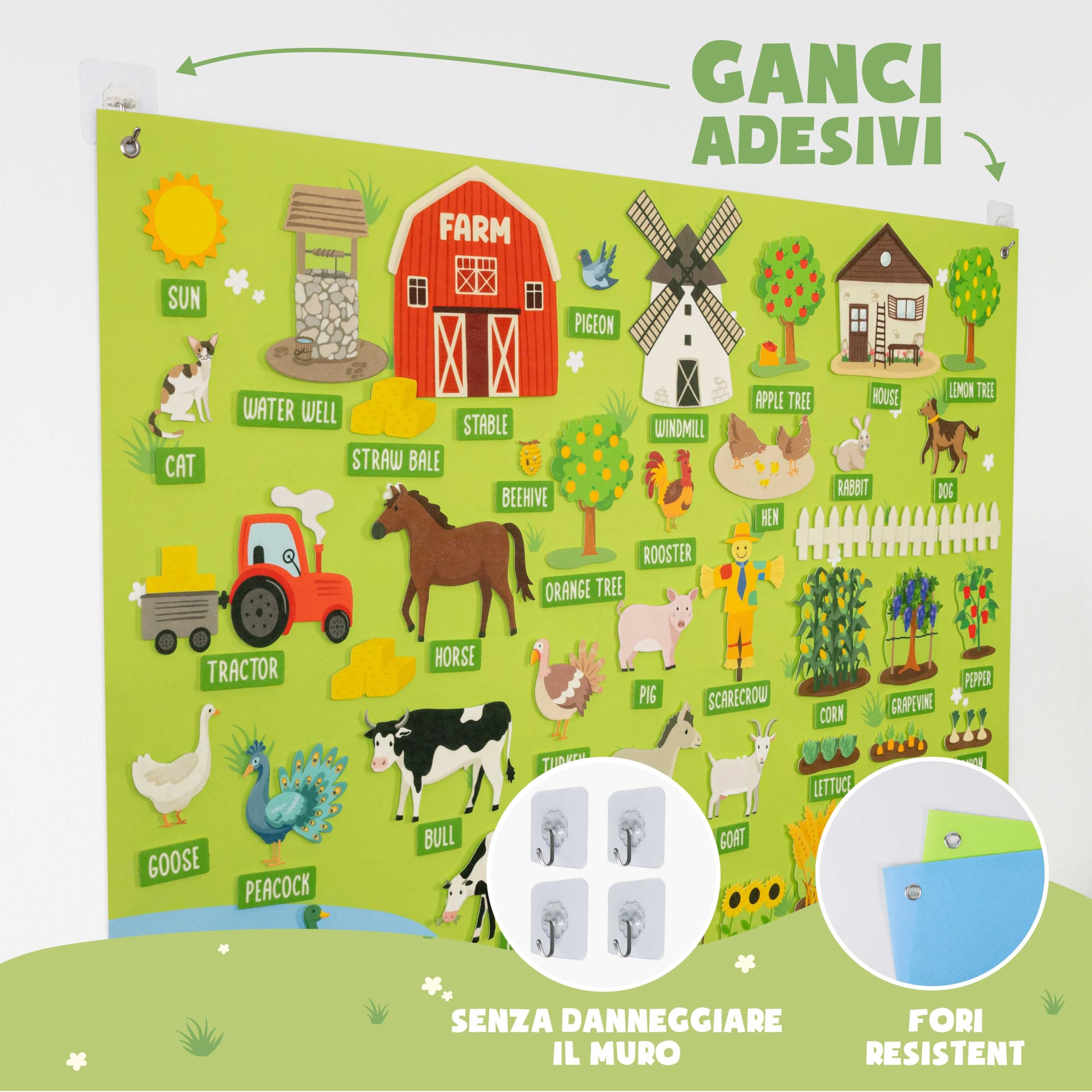 BONNYCO Lavagna di Feltro con 92 Figure di Animali della Fattoria. Giochi Montessori e Regalo Compleanno Bambini dai 3-8 Anni. Pannello Sensoriale per Autismo, Giocattoli Educativi