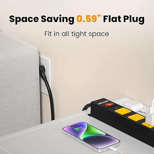 Miniatura 6 de Regleta de alimentación larga de 12 tomas, protector de sobretensiones de 2100 julios, cable de alimentación de 6 pies, barra de alimentación de