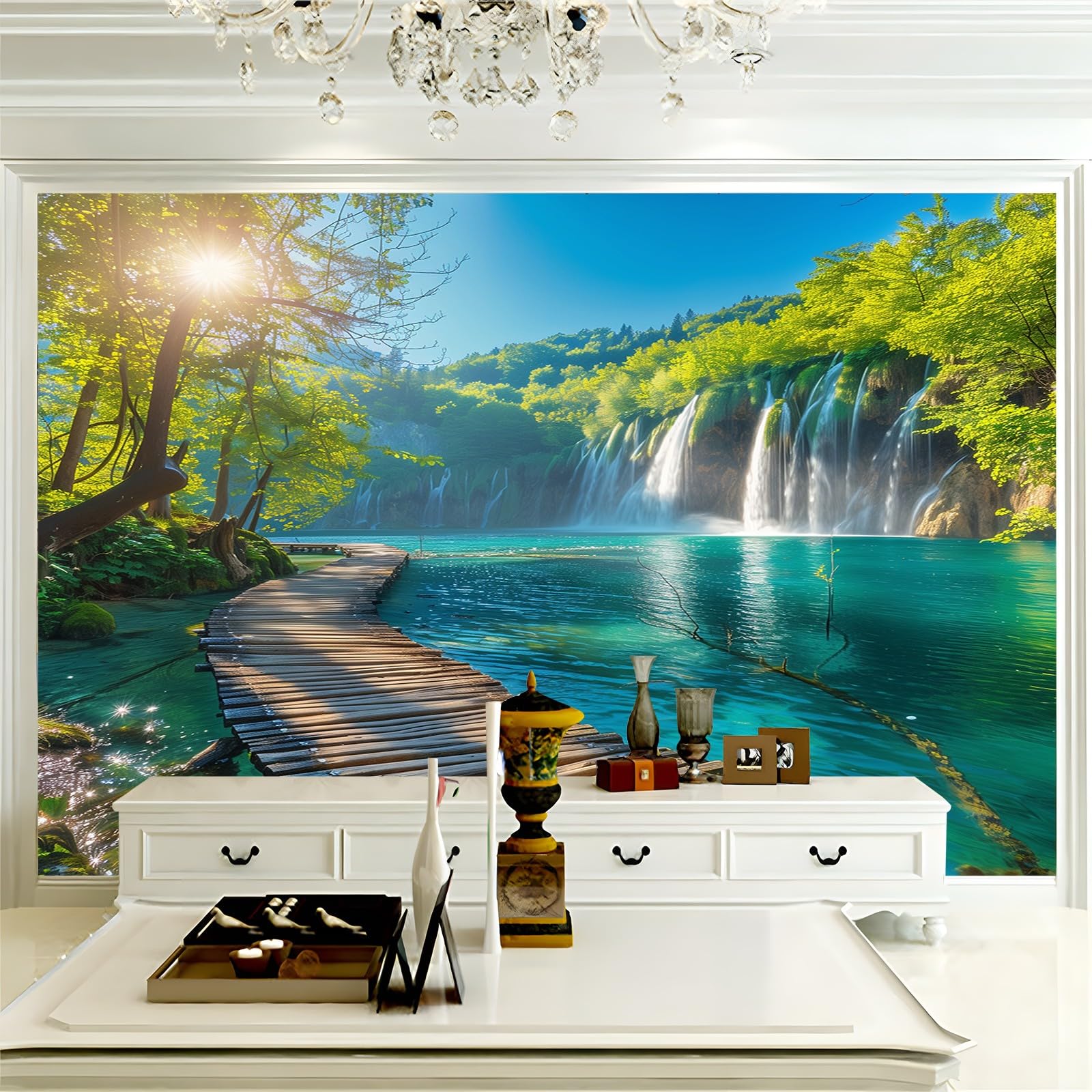 Vlies Fototapete Malerischer Wasserfall Auf Einer Holzbrücke 350x256 cm Art Mauer VliesTapete Wandtapete Wanddeko Wand Wohnzimmer Schlafzimmer Wohnung Wandbilder
