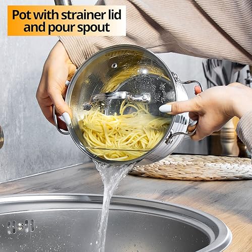 Miniatura 6 de Daniks Tokio - Olla de cocina de acero inoxidable de 3 cuartos con tapa de vidrio y colador