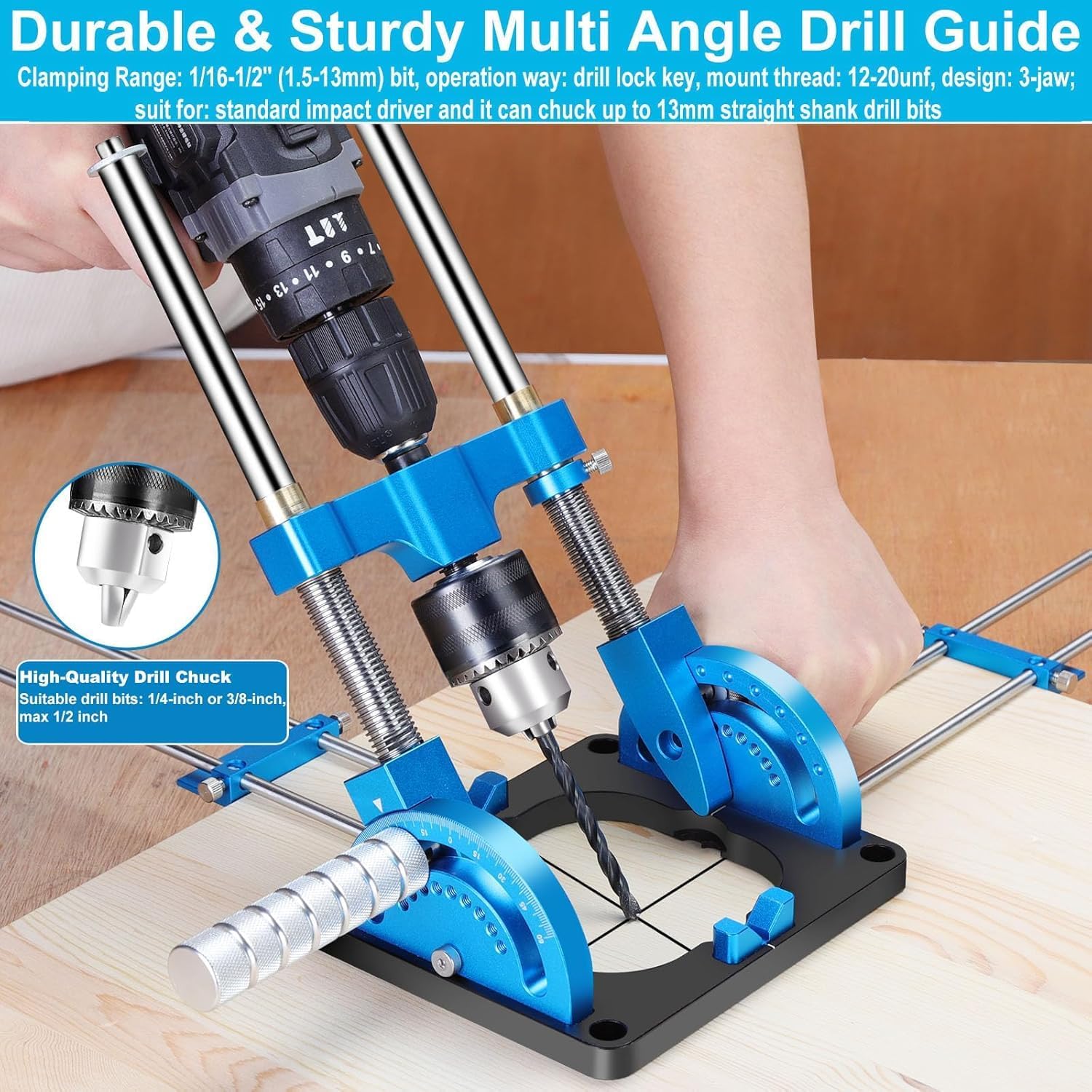Upgraded Portable Drill Guide,Multi Angle Drill Guide for Straight Holes, Self-Centering Pins, Drilling Jig w/Chuck & Key, Adjustable Angle from 0° to 60°, Chuck Clamping Range for 1/16-1/2"