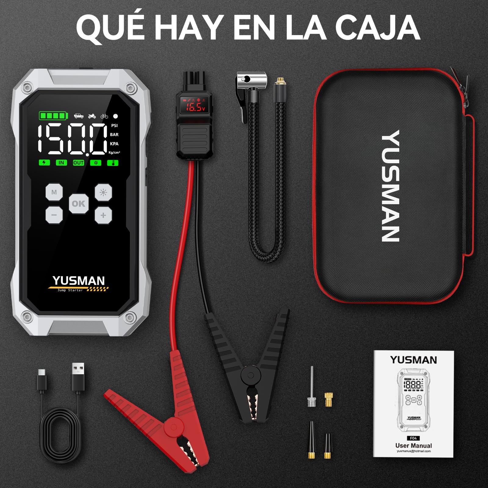 YUSMAN Arrancador de Baterias de Coche con Compresor de Aire, 12V 8000A Arrancador Coche Portatil con Inflador de 160 PSI (para All Gasolina o 10L Diesel), Linterna LED de Emergencia