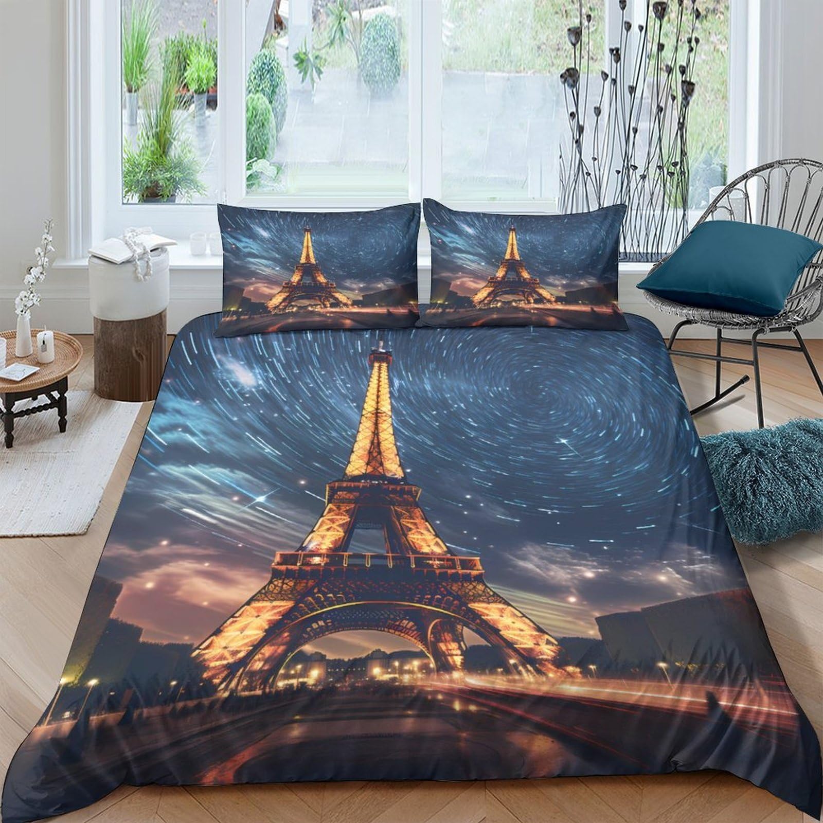 Ctjqhvkz Style-9 3D Printed Eiffel Tower Night Fitted Sheet Microfiber Soft Decorative Paris Skyline Bed Cover For Bedroom Guest Room Single（135X200cm）