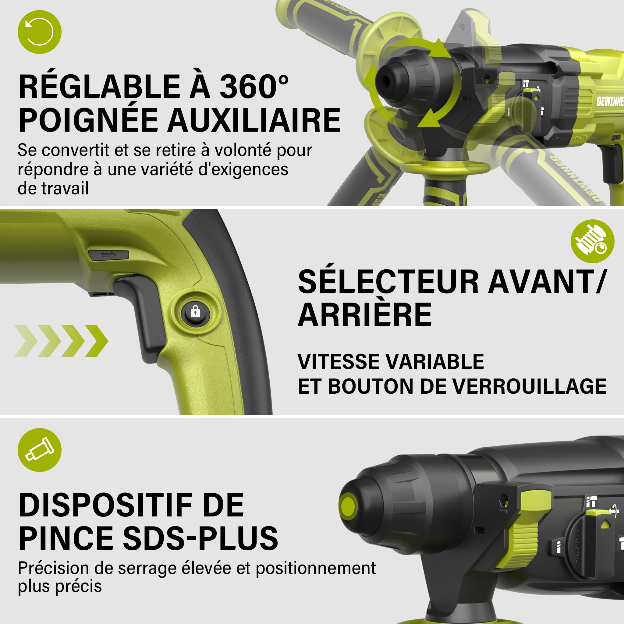 DEWINNER Marteau Perforateur 1100W 3.4 J, Marteau Perforateur 0-1500RPM/5500BPM avec 4 Fonctions et Embrayage de Sécurité, 20 Accessoires y compris la Scie Coche, Vitesse Variable, Béton, Acier, Bois