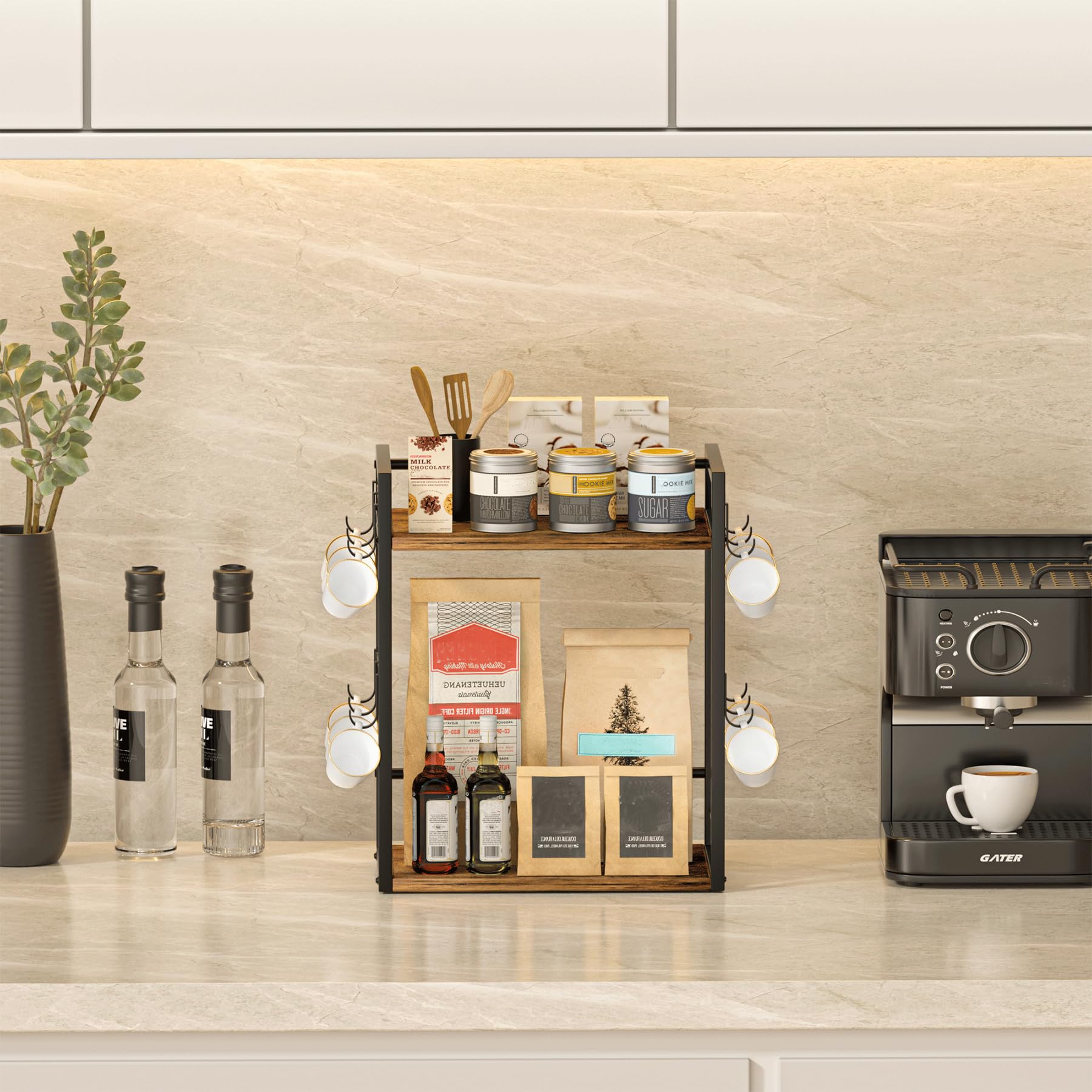 Dorhors 2-stöckiges Kaffeebar-Zubehör und Organizer, multifunktionaler Becherhalter mit 12 Haken, Kaffee-Zubehör für Kaffeebar, Küche