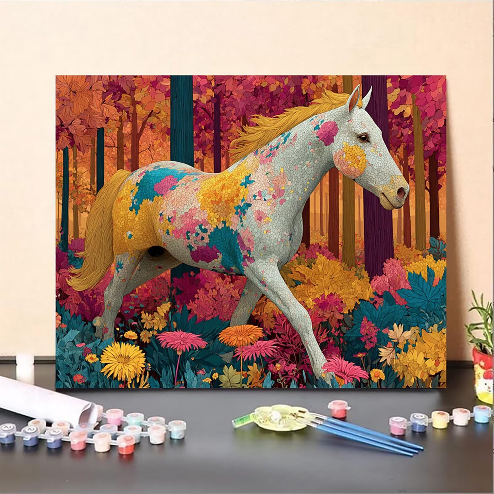Horse zestaw do malowania według liczb, dla dorosłych, dla początkujących, zestaw do majsterkowania dla dorosłych, z pędzlem i farbą akrylową, zestaw do malowania według numerów, dekoracja domu