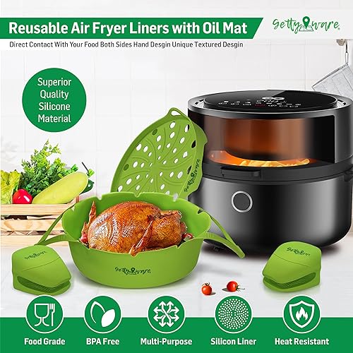 Miniatura 3 de Gettyware Forros de silicona para freidora de aire con alfombrilla de aceite, olla redonda para freidora de aire con guantes a prueba de calor, olla