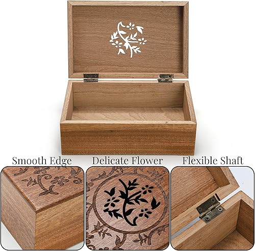 Miniatura 3 de Caja de recuerdo, madera de acacia grabada floral con tapa con bisagras, organizador decorativo de almacenamiento de joyas para el día de la madre,