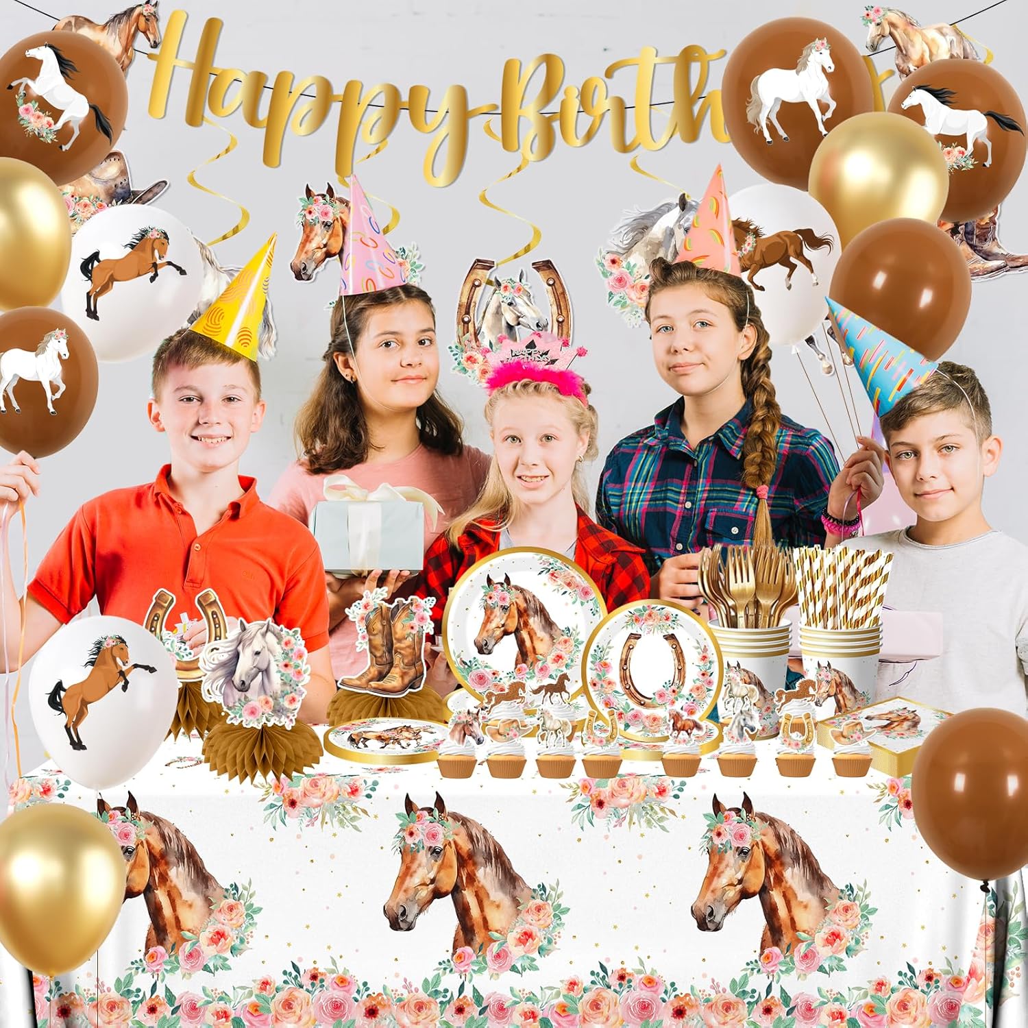 Cowgirl Birthday Party Decorations Tableware Set, Horse Party Supplies Includes Plates, Napkins, Cups, Banner, Hanging Swirl, Tablecloth, Cake Topper, for Girl Birthday Decorations, Serve 24