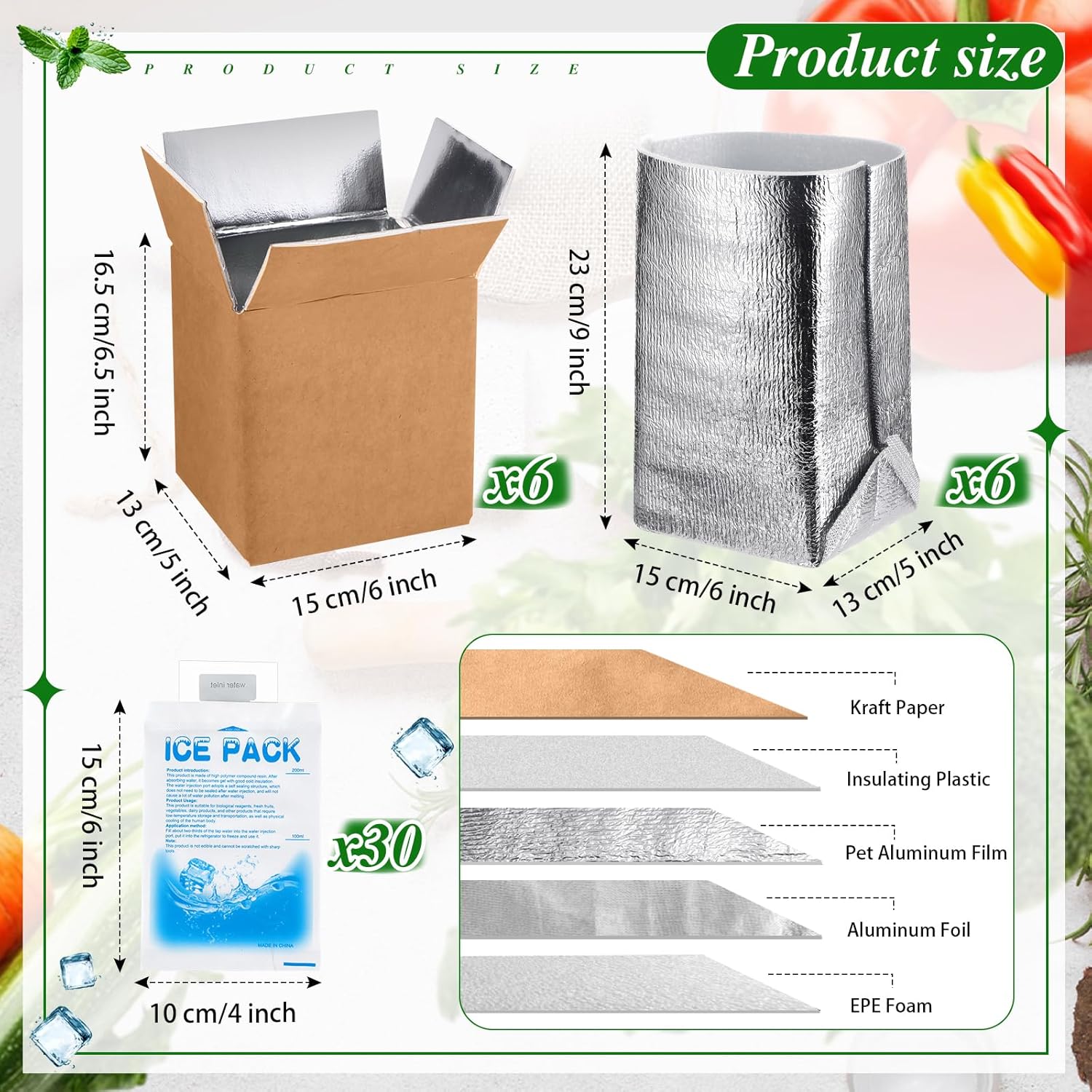 Honoson 6 Pcs Thermal Insulated Shipping Boxes for Frozen Food with Ice Pack and Aluminum Foil Liner for Shipping Big Cold Pack Cooler Mailing Boxes for Moving Hot Frozen Food (6'' X 5'' X 6.5'')