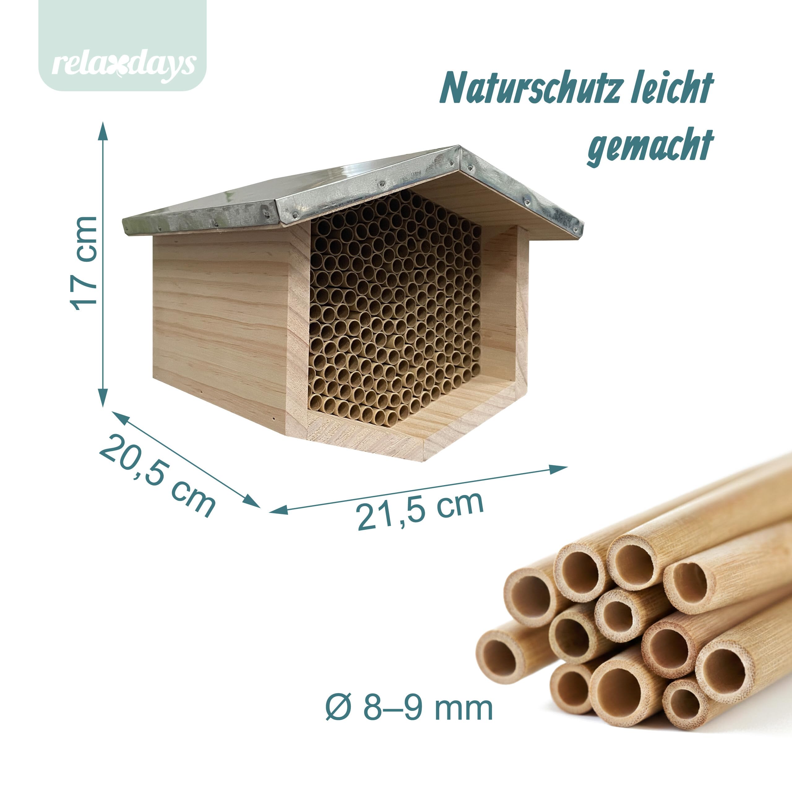 Relaxdays Bienenhotel, Holz, wetterfestes Metalldach, Pappröhrchen, Garten, Insektenhotel zum Aufhängen, Natur/Silber