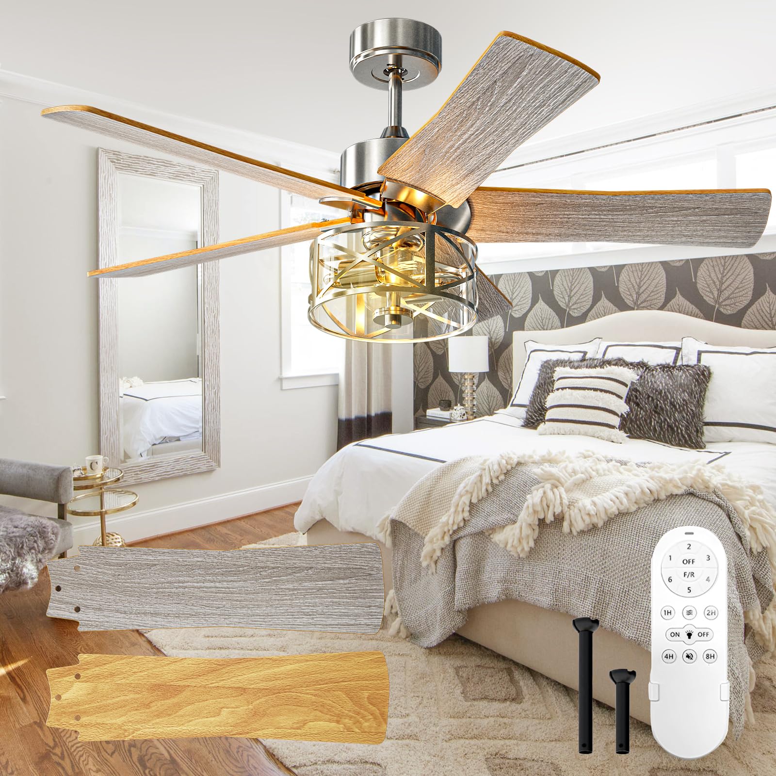 Farmhouse Ceiling Fan with Lights, 48 Inch Vintage Ceiling
