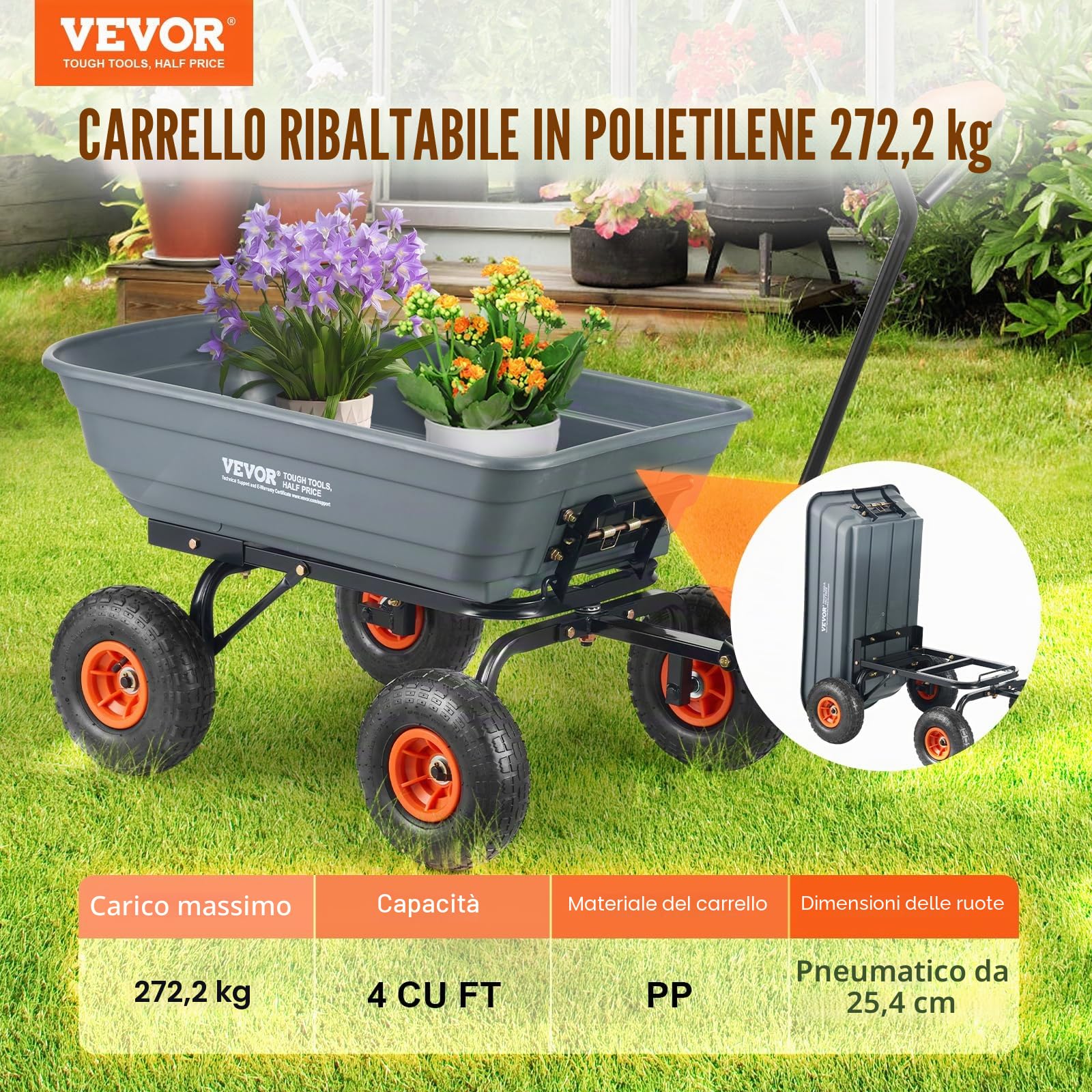 VEVOR Carrello Ribaltabile, Carrello Ribaltabile Giardino in Poly Telaio in Acciaio Facile da Montare, Carro Maniglia Convertibile 2 in 1, Carriola Utilitaria Capacità 272,15 kg, Pneumatici 254 mm