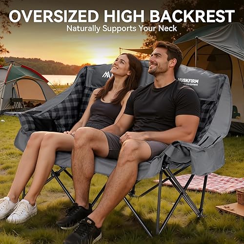 Miniatura 4 de Sillas de campamento dobles acolchadas de gran tamaño, silla de campamento resistente, soporte para sofá de campamento de 600 libras, silla plegable