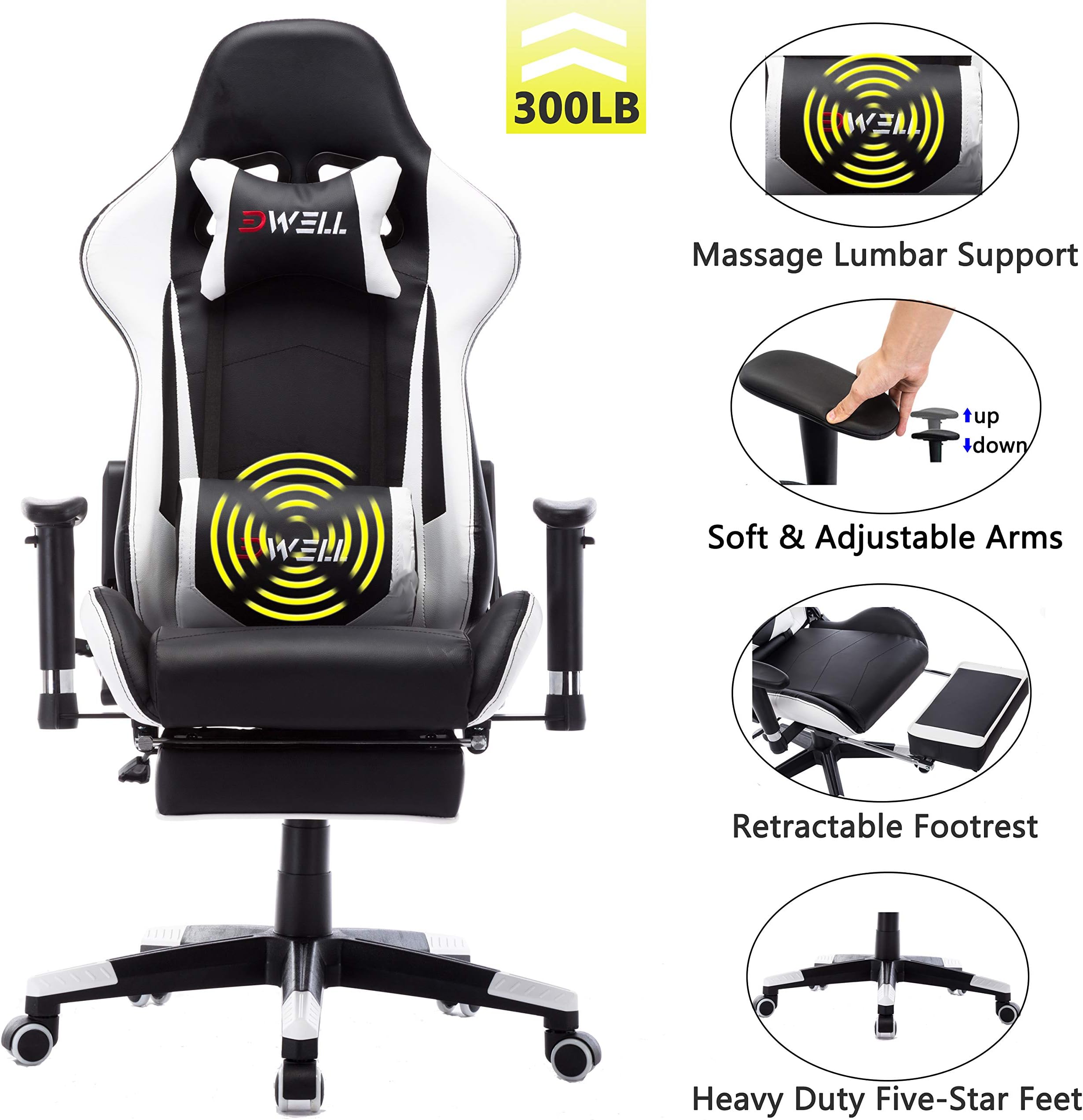 EDWELL Office Chair Gaming Chair with Footrest Computer Chair Desk Chair PU Leather Executive Ergonomic Adjustable Chair with Headrest and Lumbar Support (White)
