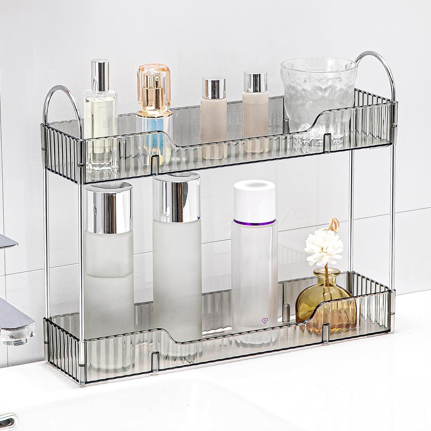 YCIA&DONE 2 Tiers Narrow Vanity Makeup Organizer, Bathroom Organizers Countertop Slim, Perfume Holder Skincare Storage Cosmetic Shelf Spice Rack, for Small Desktop Counter Space, Smoky Gray