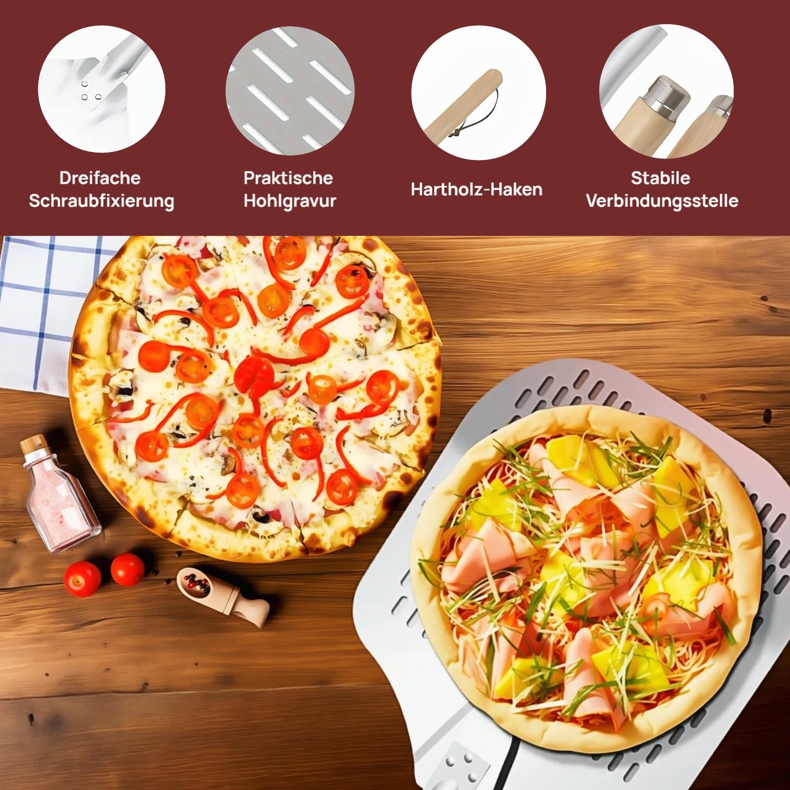 Pizzaschieber，Hochwertig Perforierter Pizzawender， 35x30cm Aluminium Pizzaschaufel mit 88cm Super lang Abnehmbarem Eichengriff für Pizzastein, Backofen & Gasgrill
