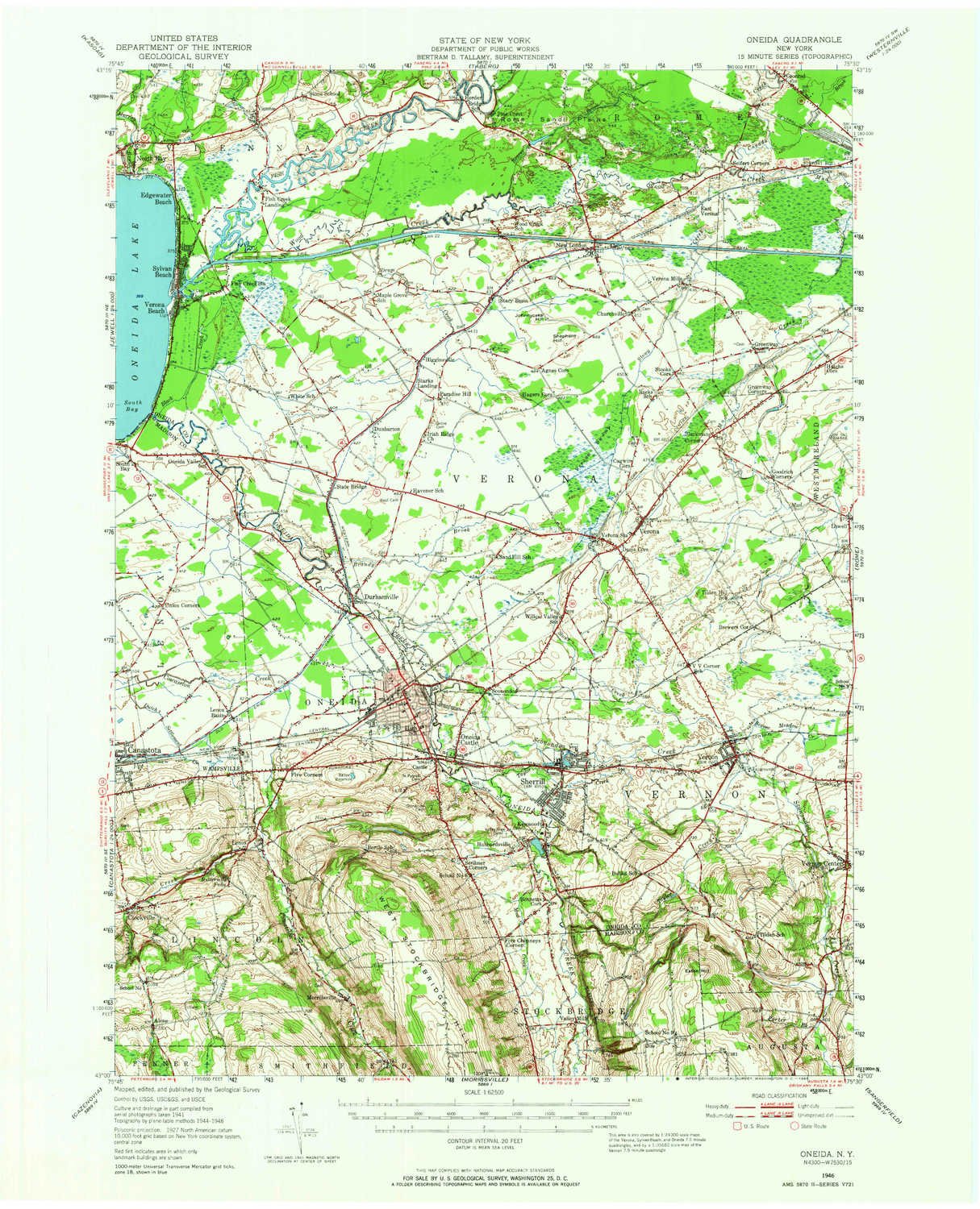 YellowMaps Oneida NY topo map, 1:62500 Scale, 15 X 15 Minute, Historical, 1946, Updated 1965, 21 x 17 in