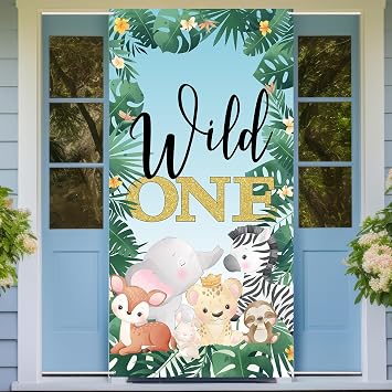 Wild One Door Banner Safari Theme 1st Birthday Party Decorations Door Cover Jungle Animal Door Sign Backdrop for Wild Baby Shower Party Supplies