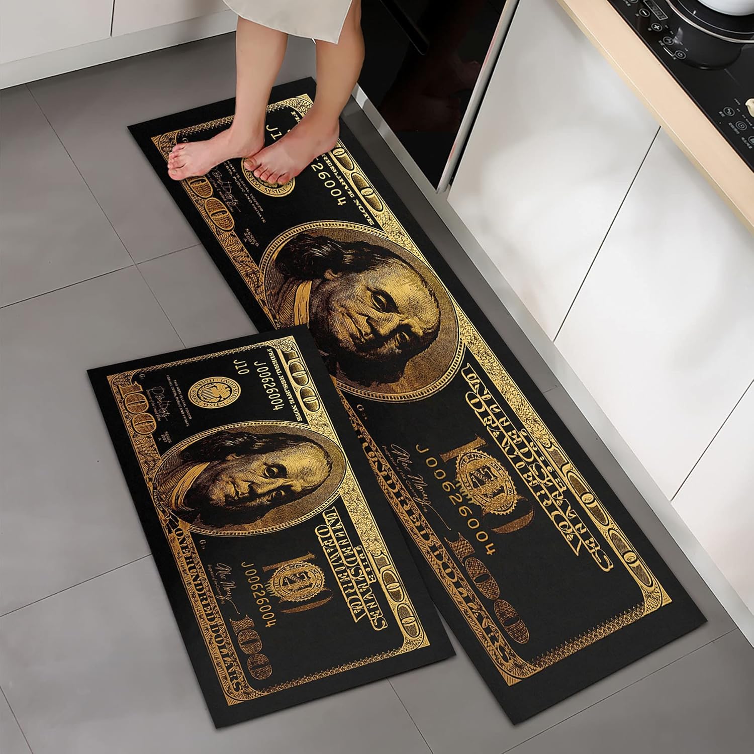 GUBIYU Black Bathroom Rug Set - 17.5"X29" + 17.5"X59" Nonslip Rubber Backed Gold Bathroom Mats and Rugs Sets - Kitchen, Laundry, Doormat
