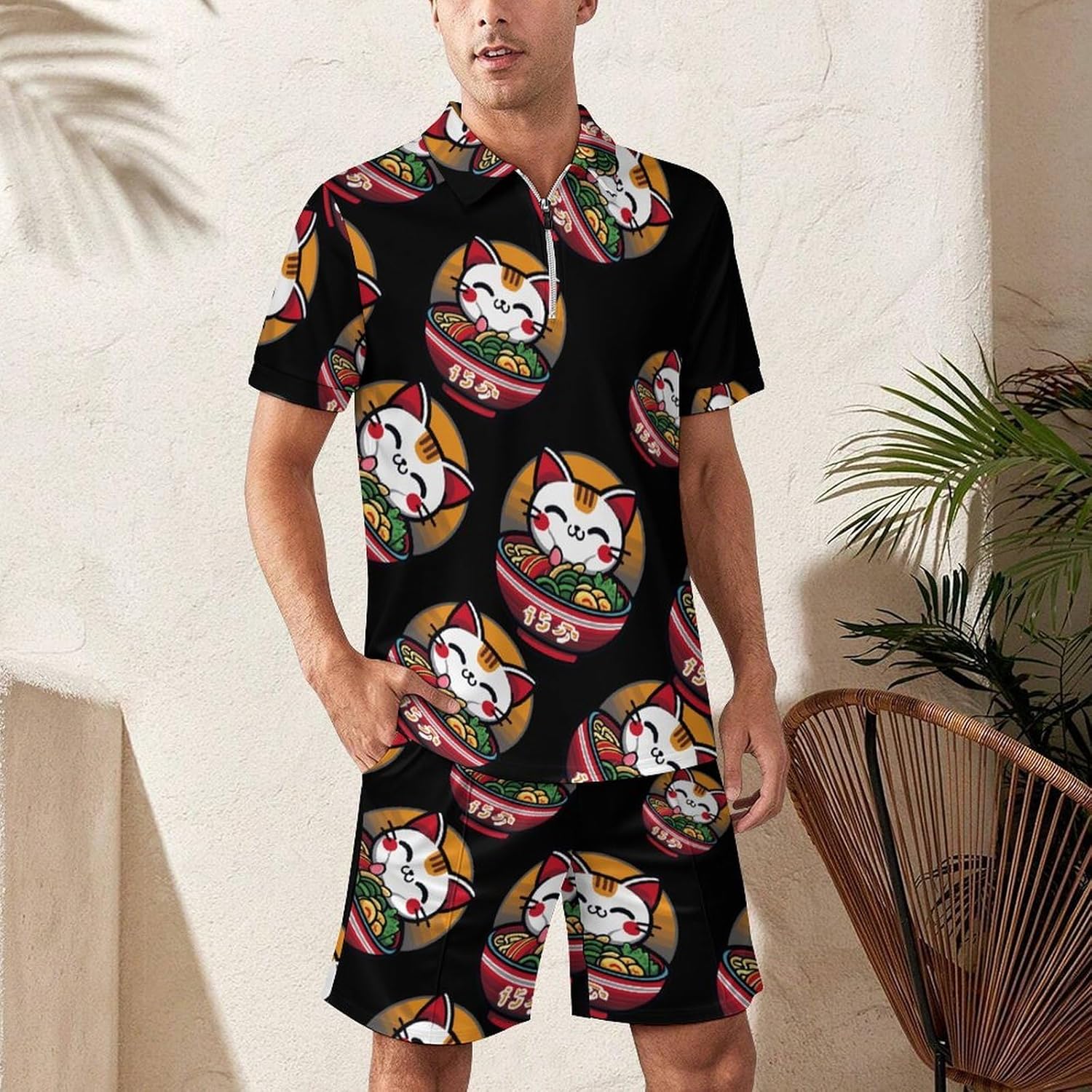 Japanese Cat Eating Ramen Mens Polo Shirts Track Suits 2 Piece Short Sleeve Sweatsuit 1/4 Zip Golf Loungewear for Sports