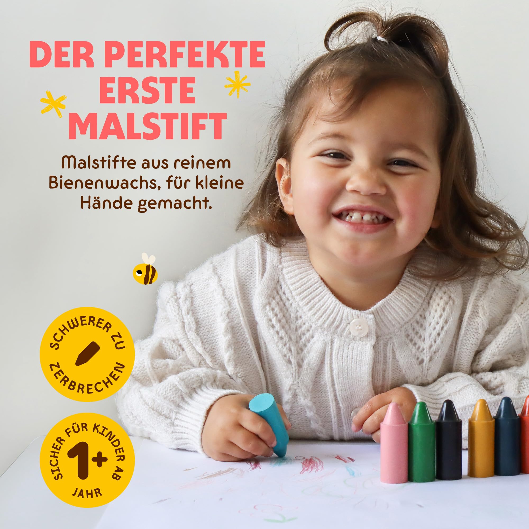 Honeysticks Wachsmalstifte (12er-Pack) - Ungiftige Babymalstifte aus Natürlichem Bienenwachs, Wachsmalstifte Ab 1 Jahr, Leicht zu Greifende Buntstifte Baby, Umweltschonend und Kleinkindfreundlich