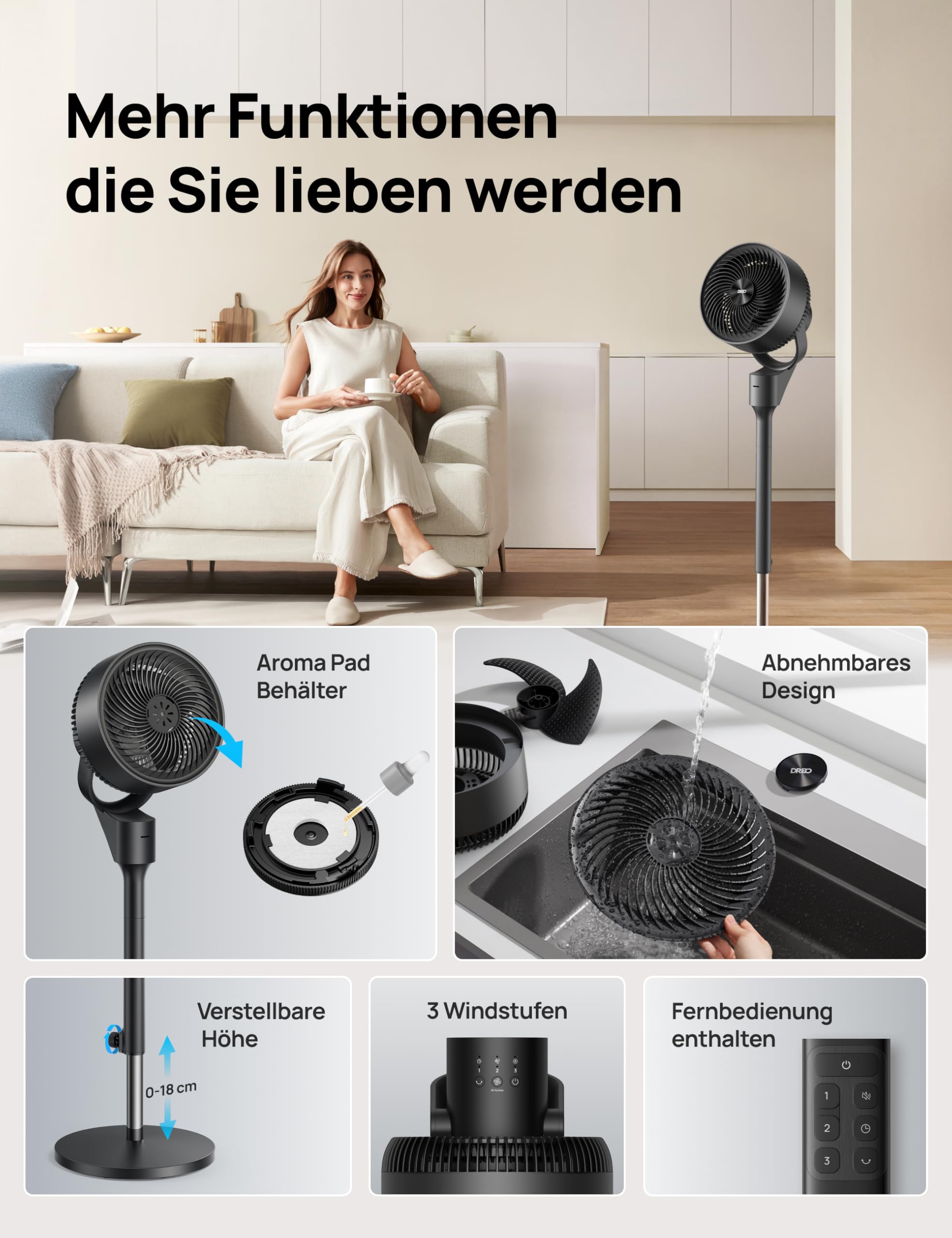 DREO Ventilator für Schlafzimmer, 80° oszillierender Standventilator, 20dB leise, 24m Reichweite, 90° manuelle vertikale Neigung, 3 Stufen, Fernbedienung, 86–104 cm höhenverstellbar, Luftzirkulator