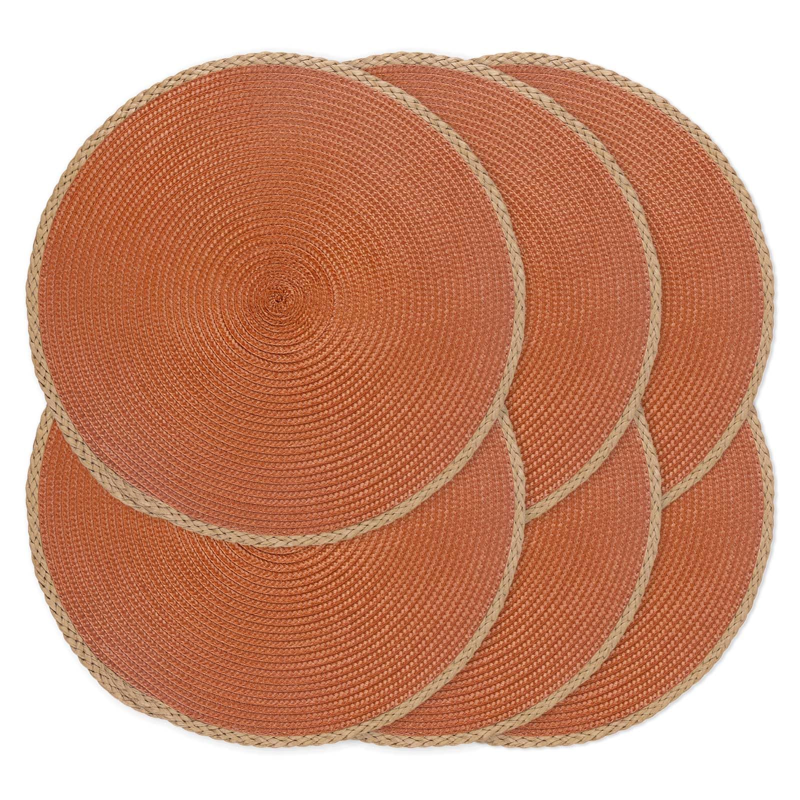 Noctiflorous Round Placemats Set of 6, 15 Inch Braided Hand Woven Table Mats, Heat Resistant Non-Slip Wipeable Place Mats for Kitchen Dining Indoor Outdoor Use(Brown Thin Edge, Dark Orange, 6)