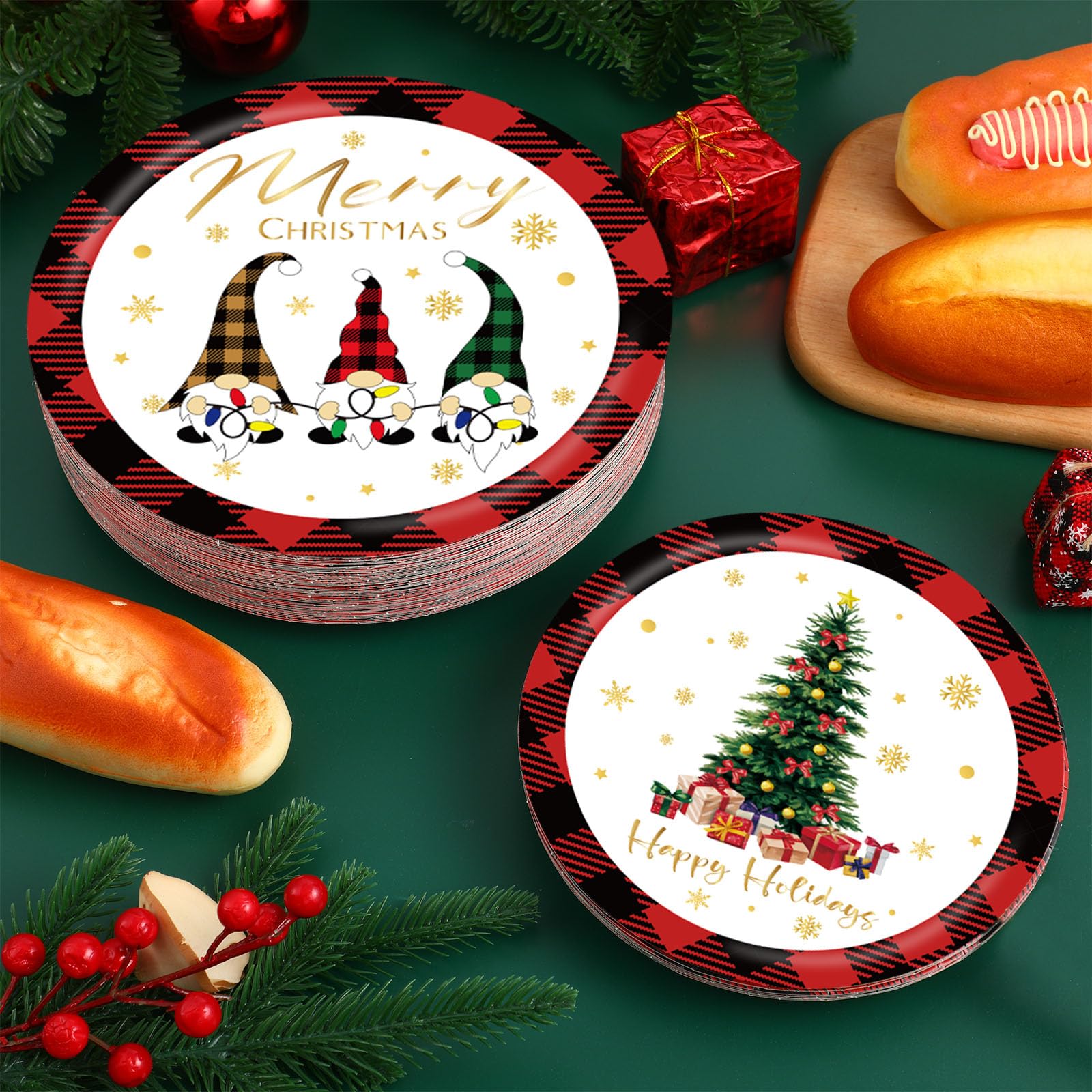 Layhit Weihnachtsparty Pappteller Dessert Weihnachtsfeier Dekorationen Einweg Runde Weihnachten Pappteller für Weihnachten Geburtstag Party 7 Zoll und 9 Zoll (240 Stück)