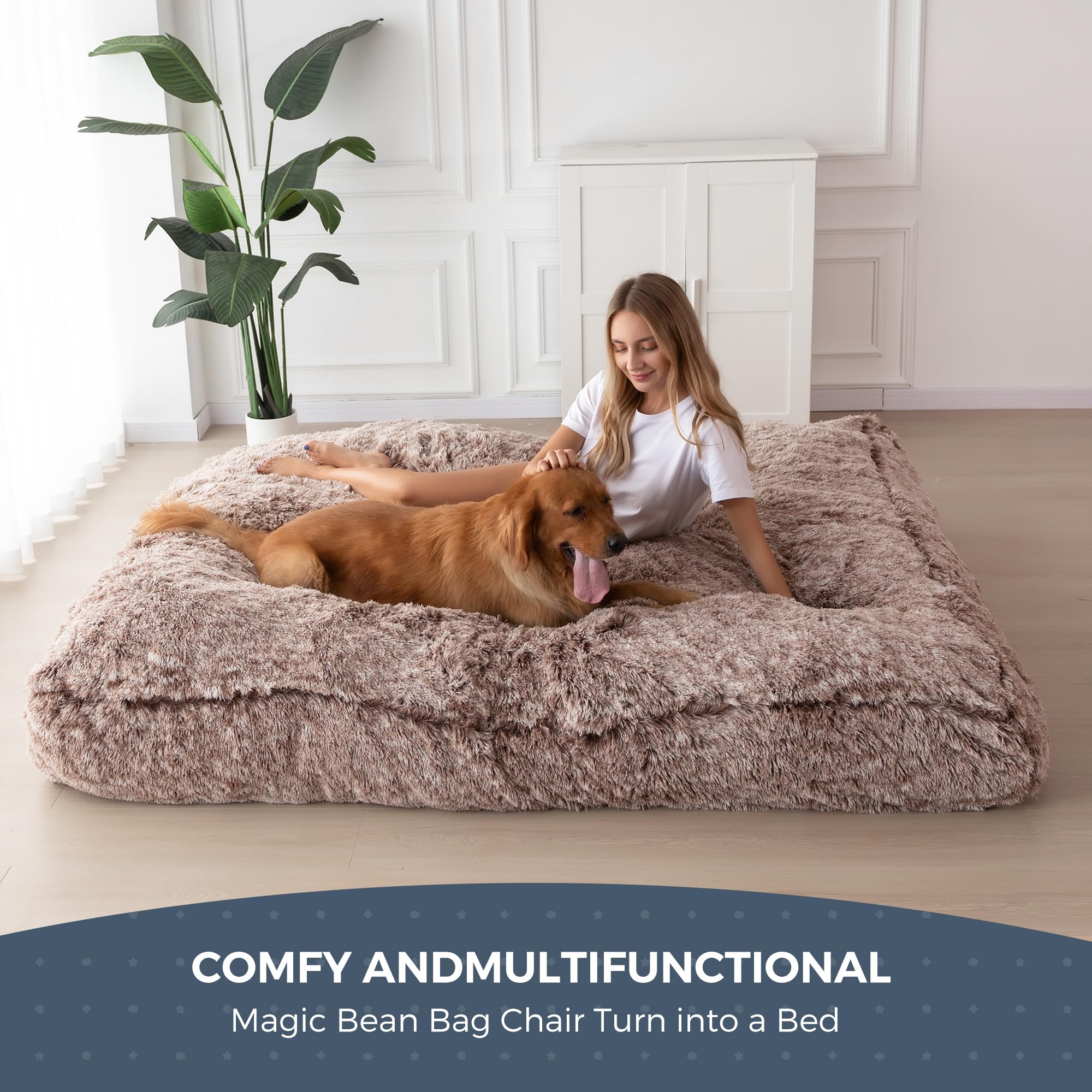 MAXYOYO Riesiges Sitzsackbett – umwandelbar vom Sitzsack zum Bett – großes Sofa mit Plüschbezug und Flauschiger Füllung im Lieferumfang enthalten, für Erwachsene, Paare, Gäste (Braun, 150x200 cm)