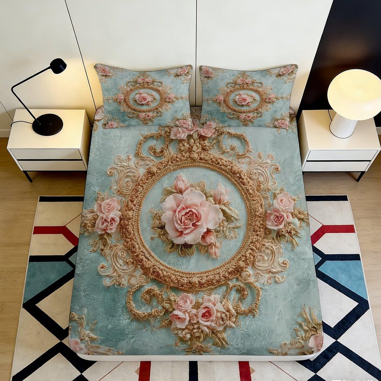 3D Printed European Floral Fitted Sheet Microfiber Elastic Non-Slip Deep Pocket Baroque Mattress Fitted Cover for Bedroom Home 200x200x25cm
