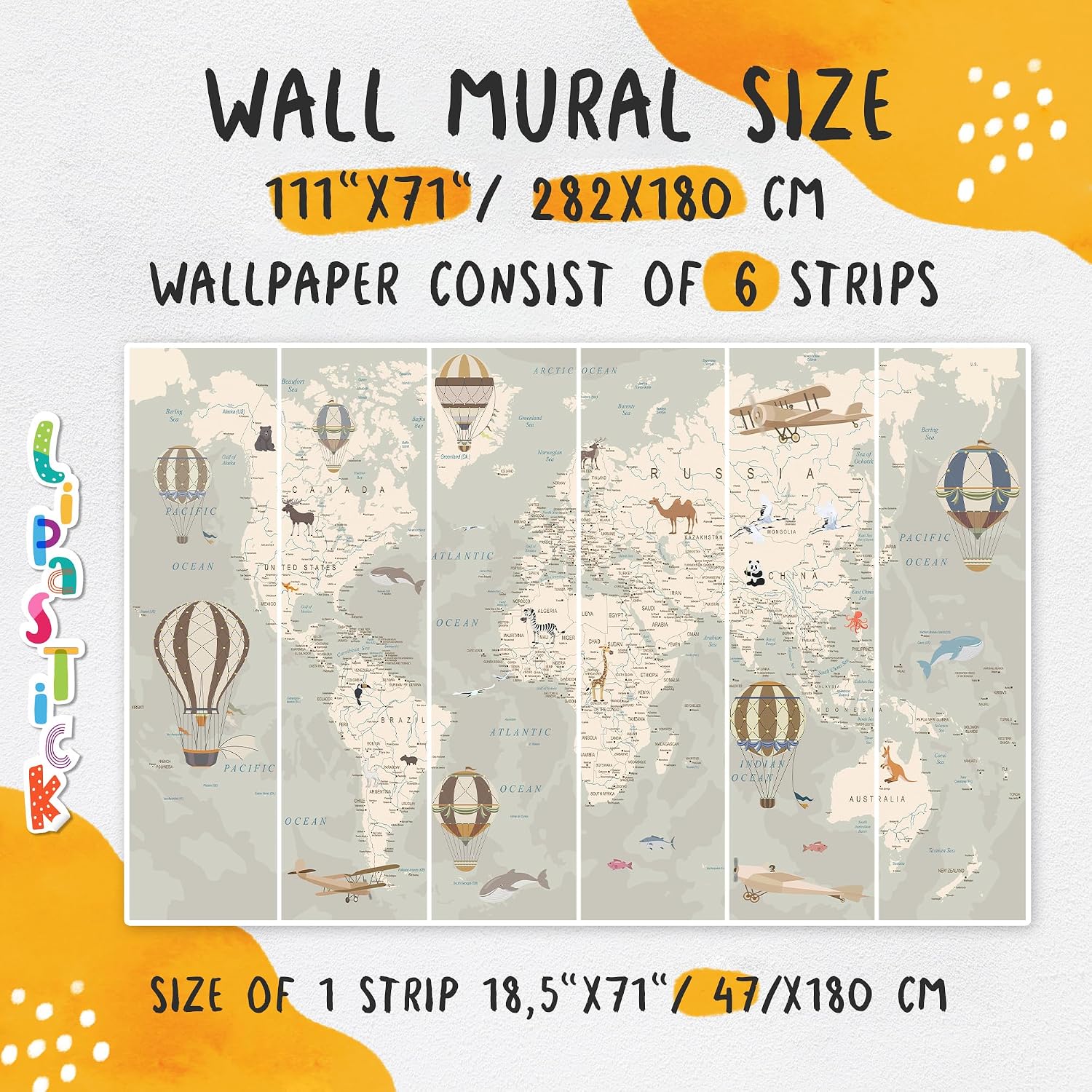 Kids World Map Wallpaper with Animals–Peel and Stick Educational Decals–Nursery Murals for Baby, Toddlers,Boys, Kids Room–Removable Waterproof Decor for Bedroom, Classroom,Playroom(111W x 70.8H)