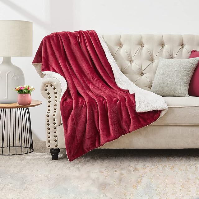 My Home Store Sherpa Fleece Blanket Double Size - Thick Double Sided Flannel Soft Microfiber Fluffy Faux Fur Reversible Solid Throws, Red,150 x 200cm