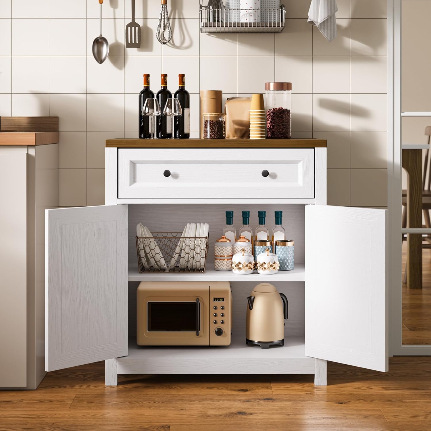 Gizoon Kitchen Storage Cabinet with Adjustable Shelf, Farmhouse Coffee Bar Sideboard Buffet with Large Drawer, Barn Door, 30"W x 15.6"D x 33.3"H Freestanding Cabinet for Kitchen, Living Room, Entryway