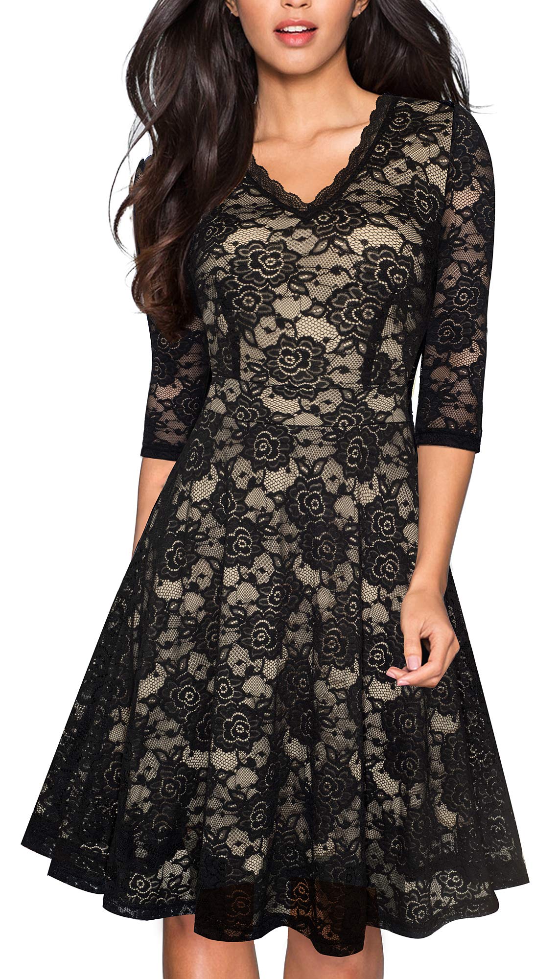 Homeyee Womens Chic V Neck Lace Patchwork Flare Party Dress | Desertcart  Guam