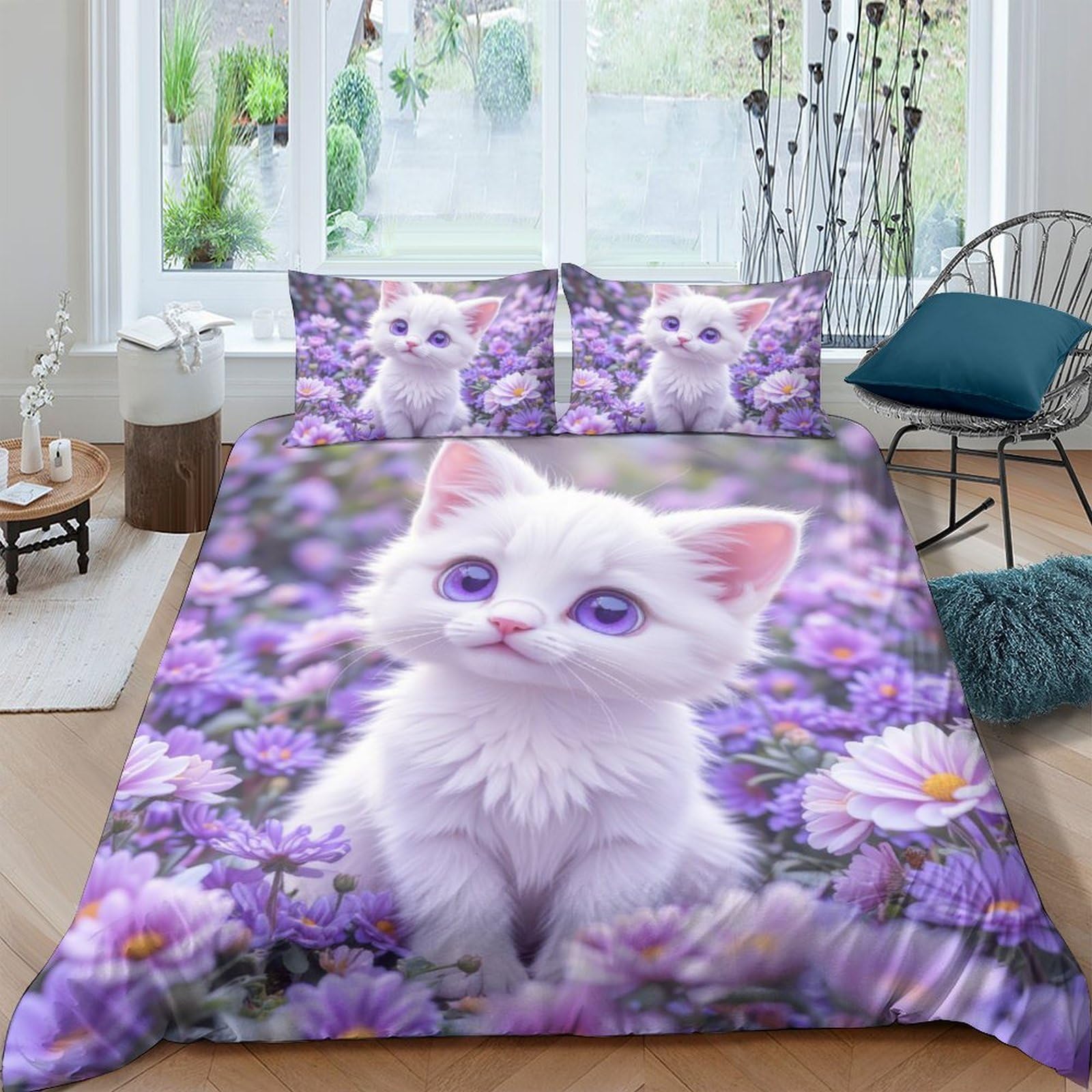 Ctjqhvkz Style-2 3D Printed White Kitten Fitted Sheet Microfiber Purple Flower Bed Cover Non Slip Easy Care For Bedroom Guest Room Decor Single（135X200cm）