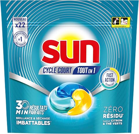 Sun - Capsules Cycle Court Dès 30 Minutes Tout en 1 - Tablettes Lave-Vaisselle Anti-Odeur - Nettoyage Parfait Sans Résidu - Parfum Citron Vert, Thé Vert - Pastilles Lave-Vaisselle en Gel - 22 Lavages
