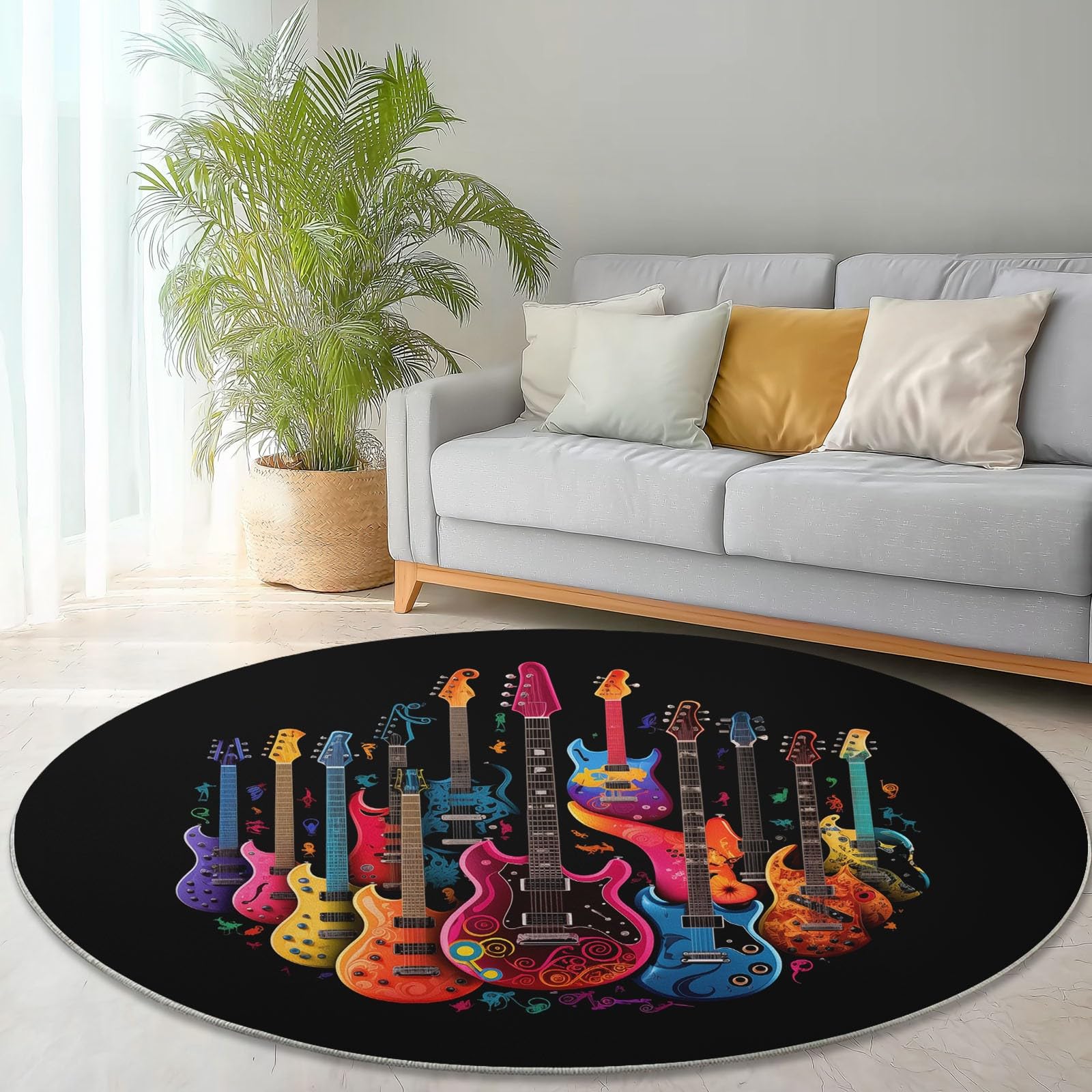 Tapis rond lavable 120cm graffiti guitare idéal pour chambre d'ado et salon