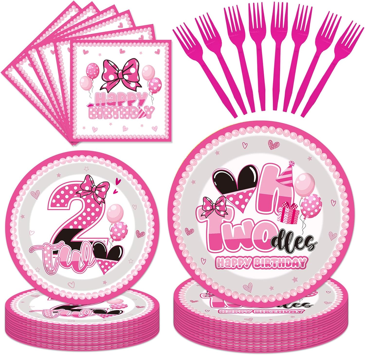 96 Pcs 2nd Birthday Party Tableware Set, Pink Bow Mouse Theme Disposable Plates Napkins Forks, Two Year Old Birthday Supplies Favors, Serves 24