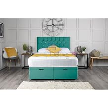 Plush Velvet Gas Lift Ottoman Divan Bed | Foot Lift Open | With Chesterfield Headboard And Memory Sprung Mattress | Gas Lift Ottoman Bed Set 6.0FT Super King 182cm X 201cm, Duck Egg
