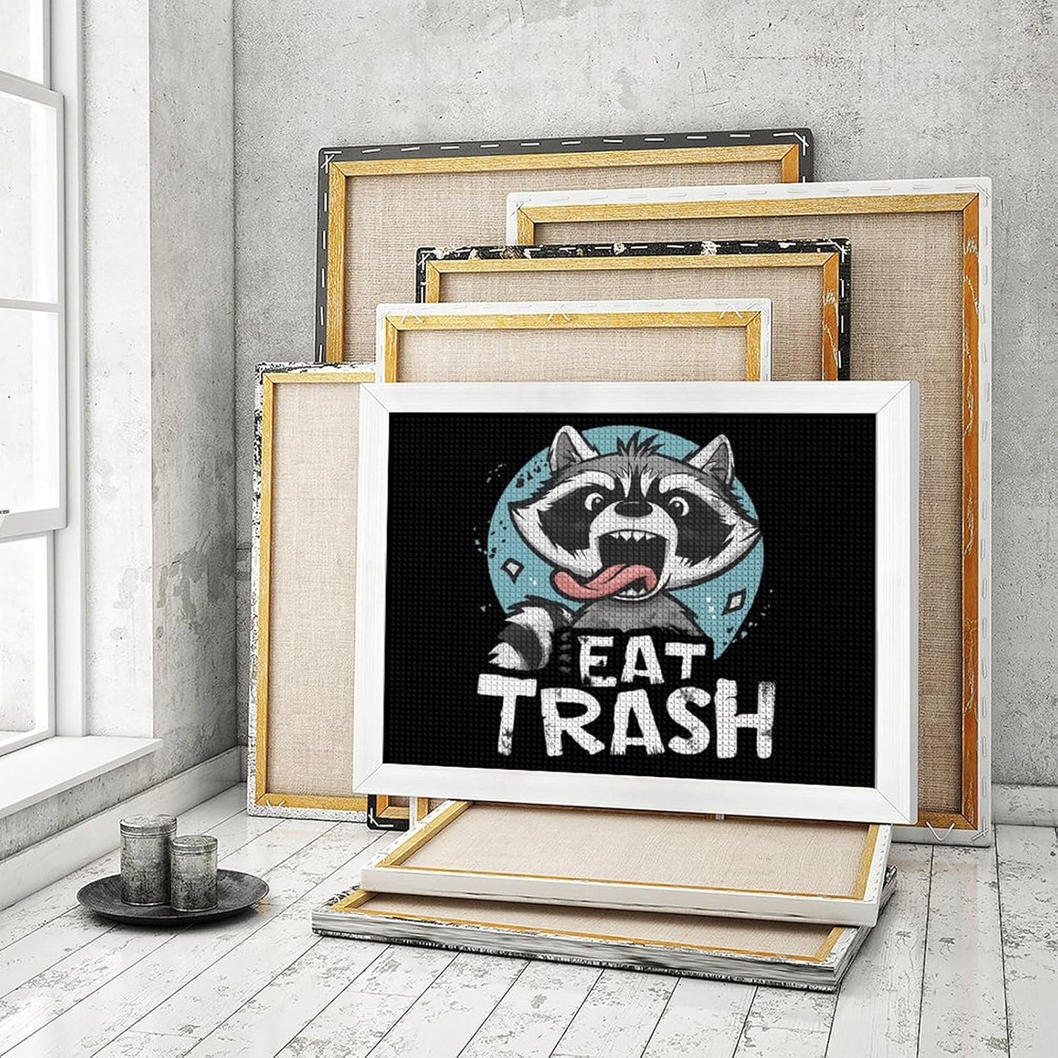 Raccoon Eat Trash Printed Diamond 5D Painting Kits DIY Full Drill Crafts for Home Wall Decor 16x20 Inch White Wood 50 * 40cm