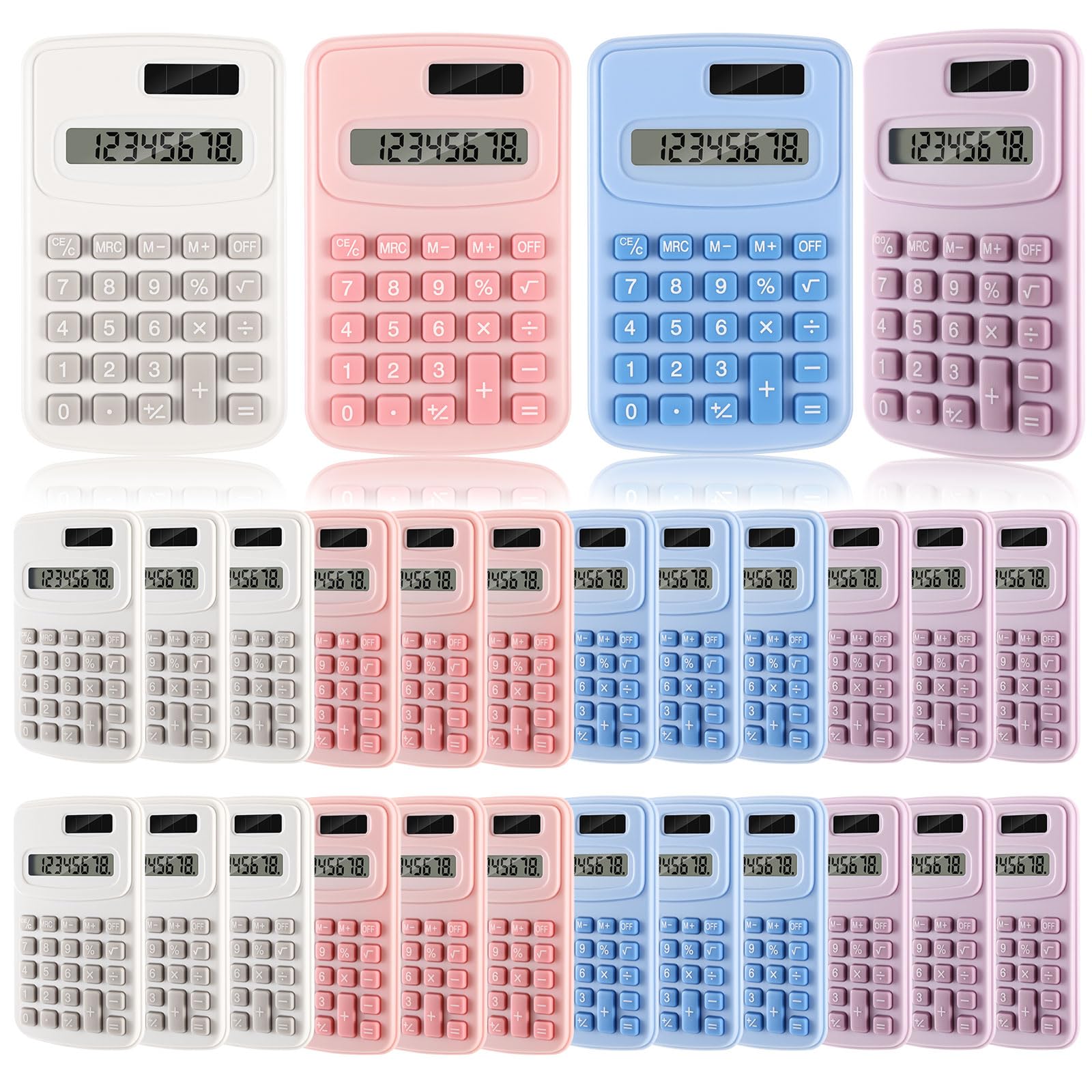 LEIFIDE Paquete de 24 calculadoras de bolsillo pequeñas a granel, básica, 4 funciones, pantalla de 8 dígitos, funciona con pilas, para escritorio, hogar, oficina, escuela, estudiantes, niños (colores