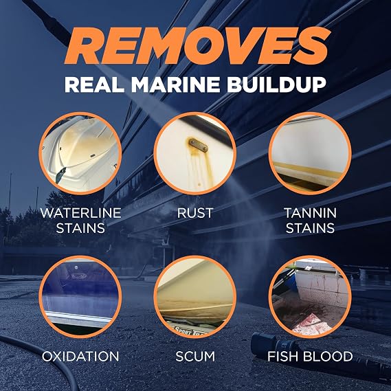 Instant Boat Hull Cleaner - Marine Grade, Easy to Use Boat Cleaner, Removes Stains, Water Lines, Yellowing & Rust, Safe for Use on Fiberglass, Plastic, Painted Hull Surfaces - Made in USA, 1 Gallon