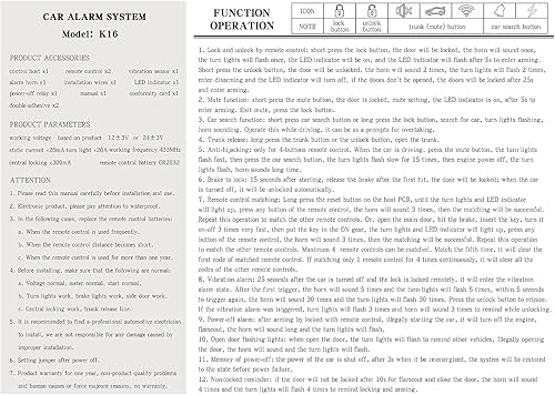 Miniatura 9 de Alarma de auto universal de 12V con sistema de entrada sin llave y control remoto, sirena y sensor